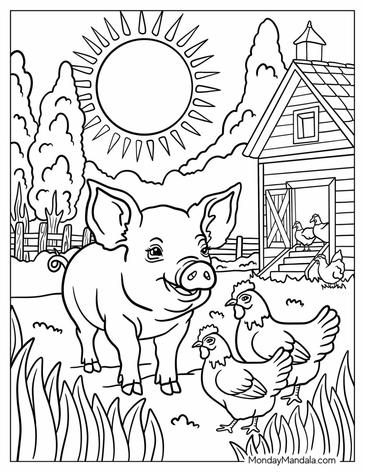 Realistic Pig Coloring Page with Chickens in Farm Barn coloring page
