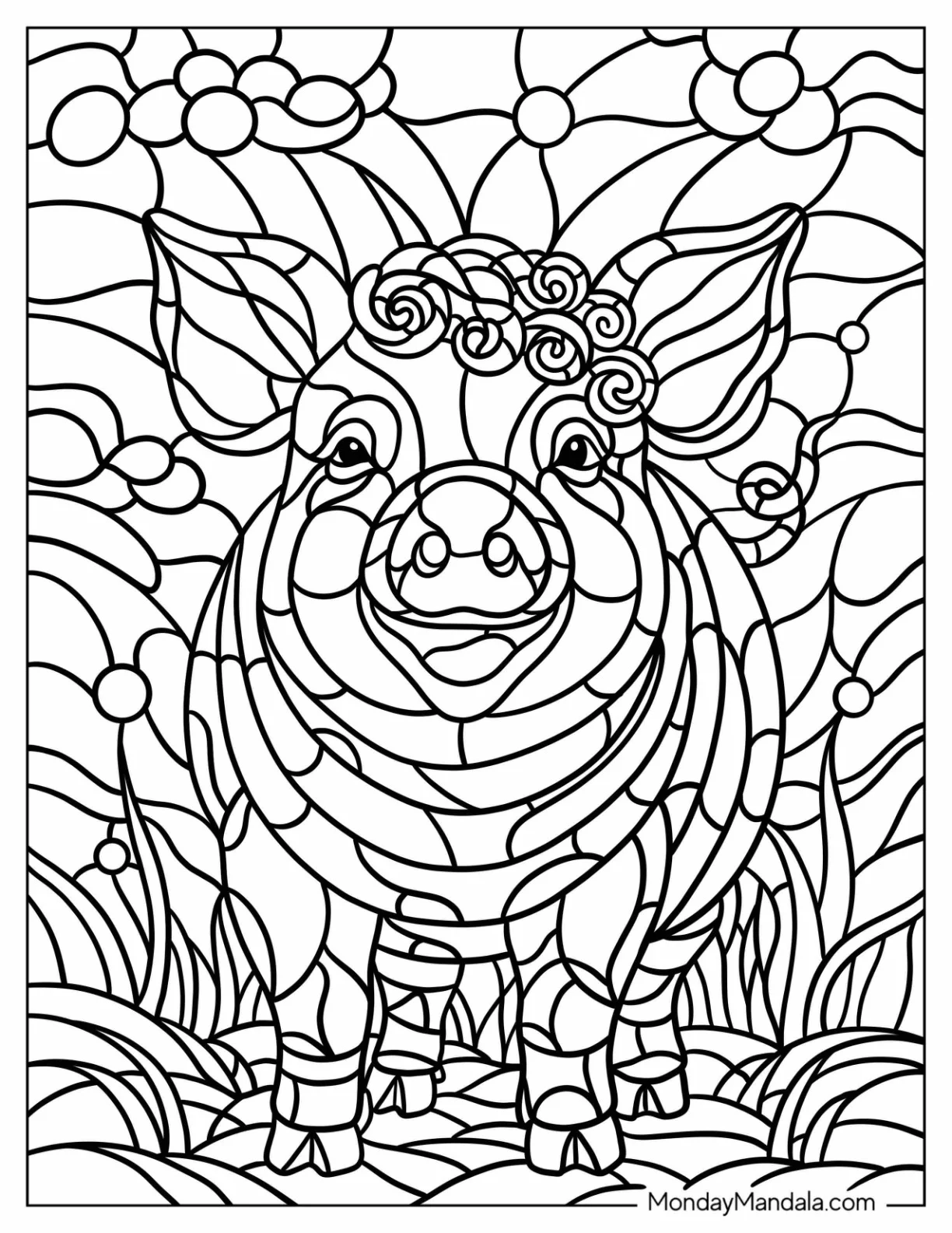 Stained Glass of Smiling Pig Coloring Page with Twirly Hair coloring page — printable line art