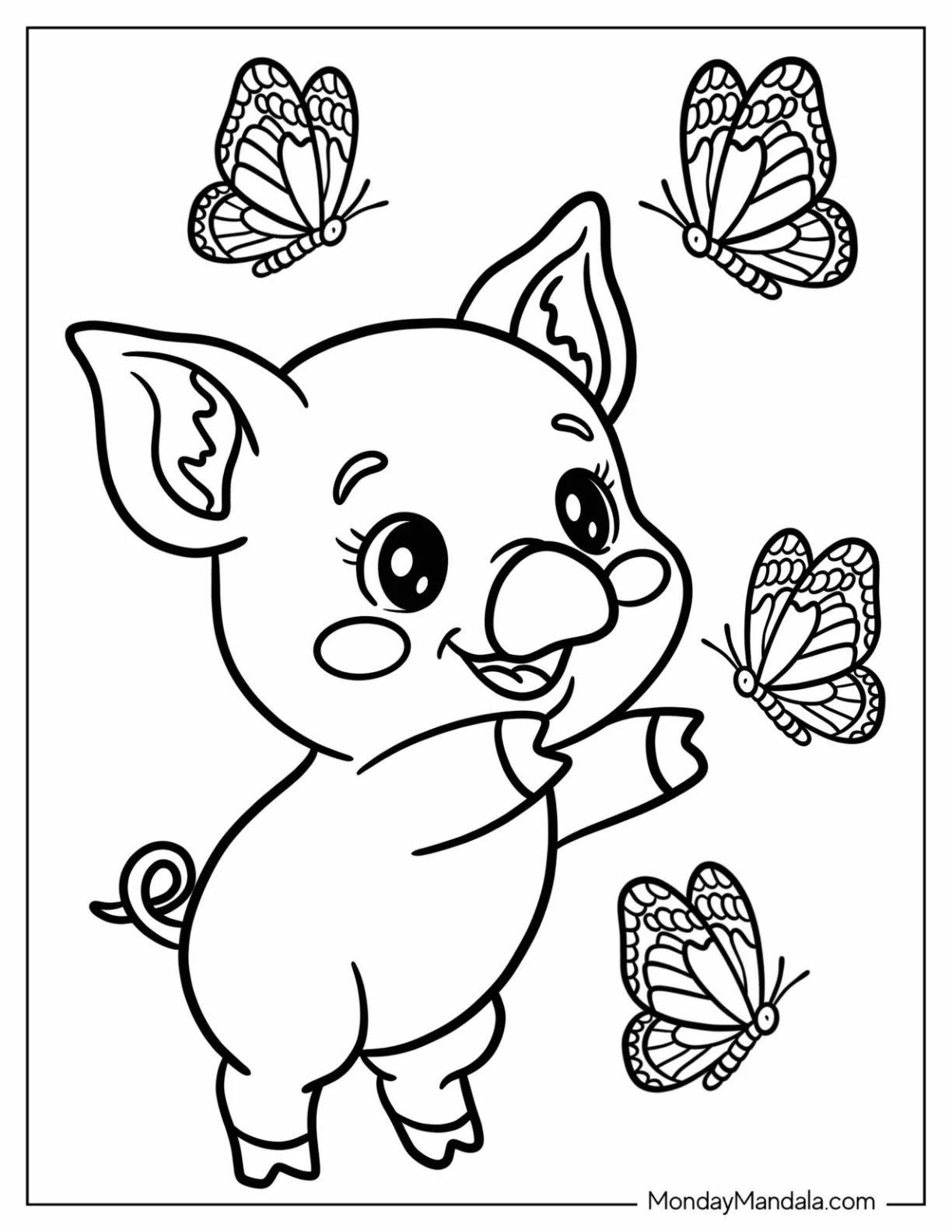 Tiny Pig Coloring Page Chasing Butterflies for Preschoolers coloring page