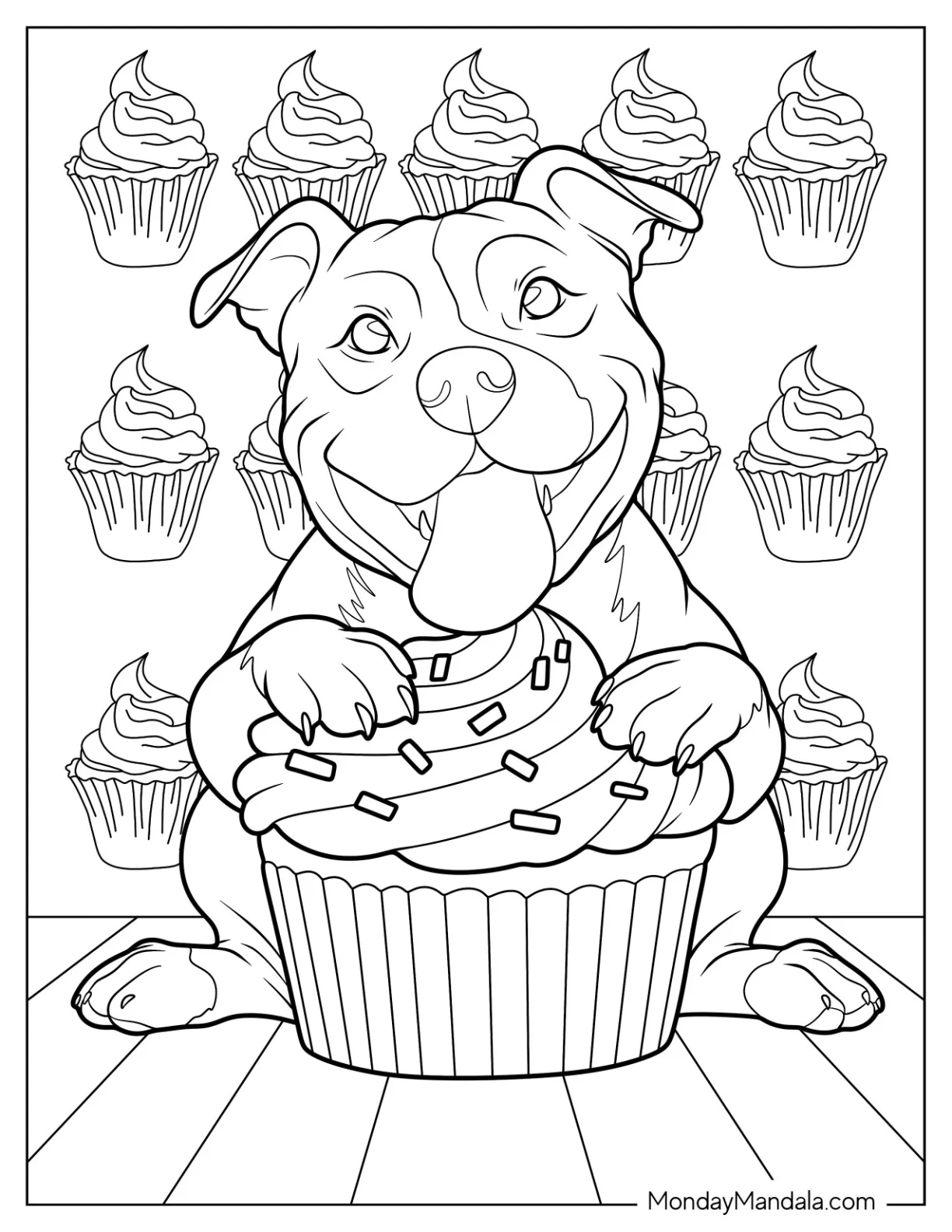 Adorable Pitbull Coloring Page Hugging A Massive Cupcake coloring page