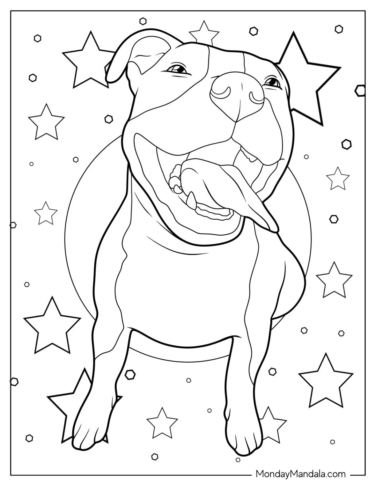 Cheerful Pitbull Coloring Page With Starry Background coloring page — printable line art