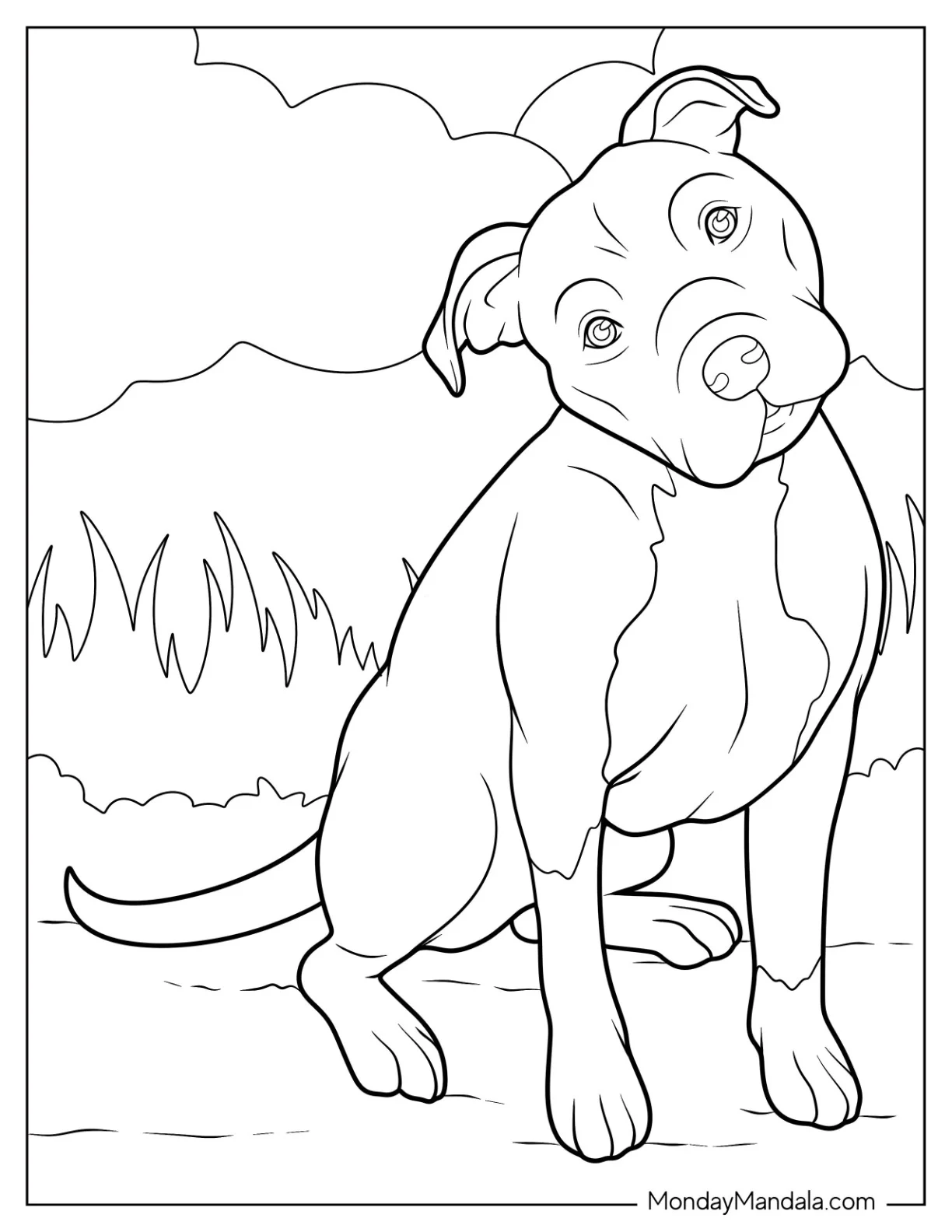 Easy Pitbull Coloring Page Tilting Its Head For Kids coloring page