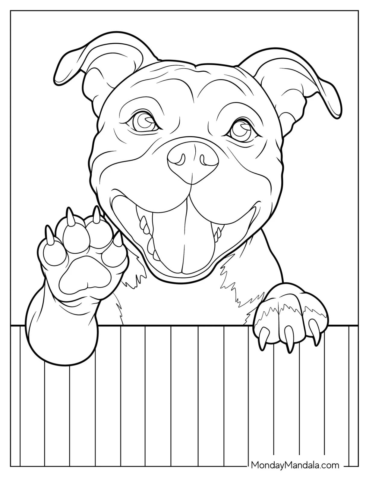 Happy Pitbull Coloring Page On A Fence For Kids coloring page — printable line art