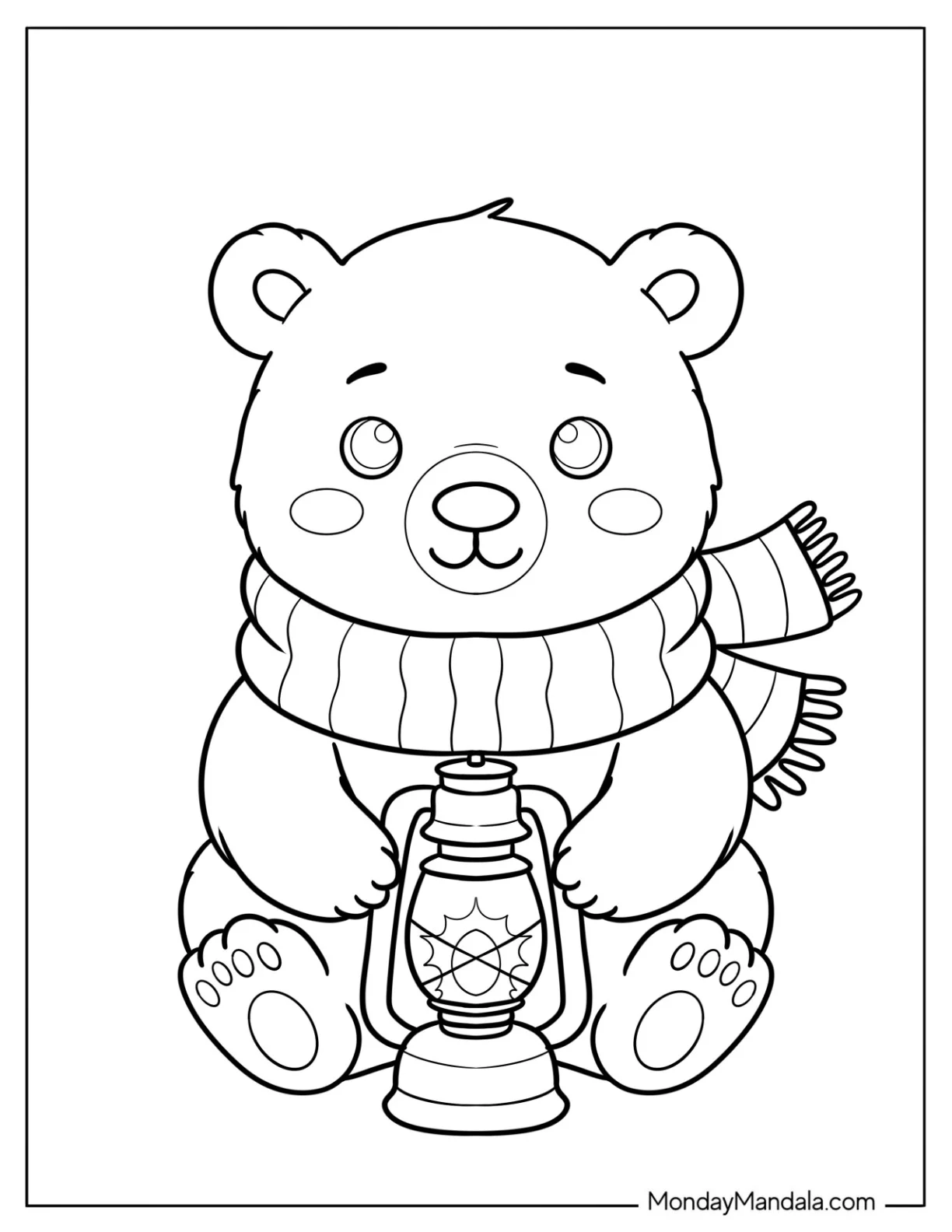 Adorable Polar Bear Coloring Page with Scarf and Lantern for Kids coloring page