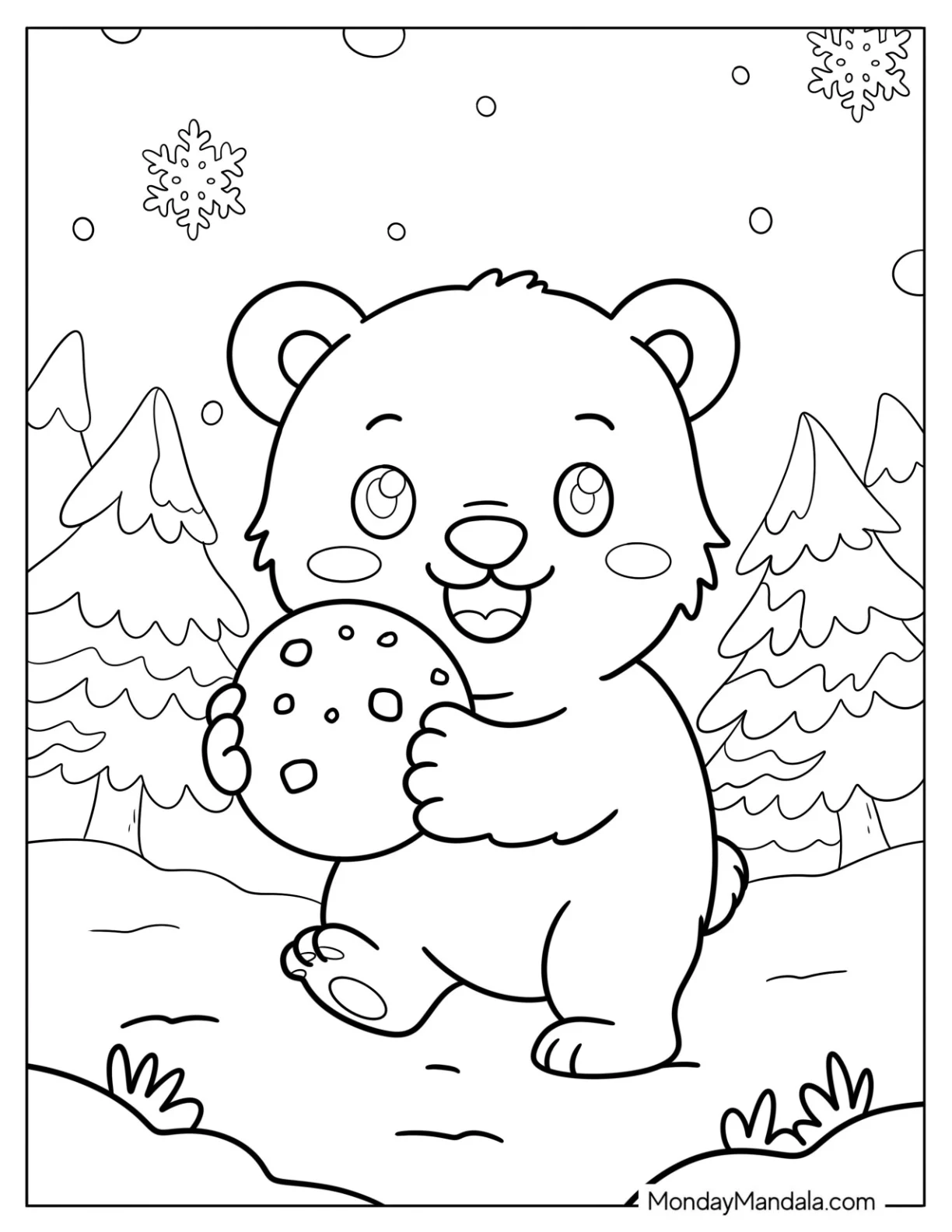 Baby Polar Bear Coloring Page Holding a Snowball for Kids coloring page — printable line art
