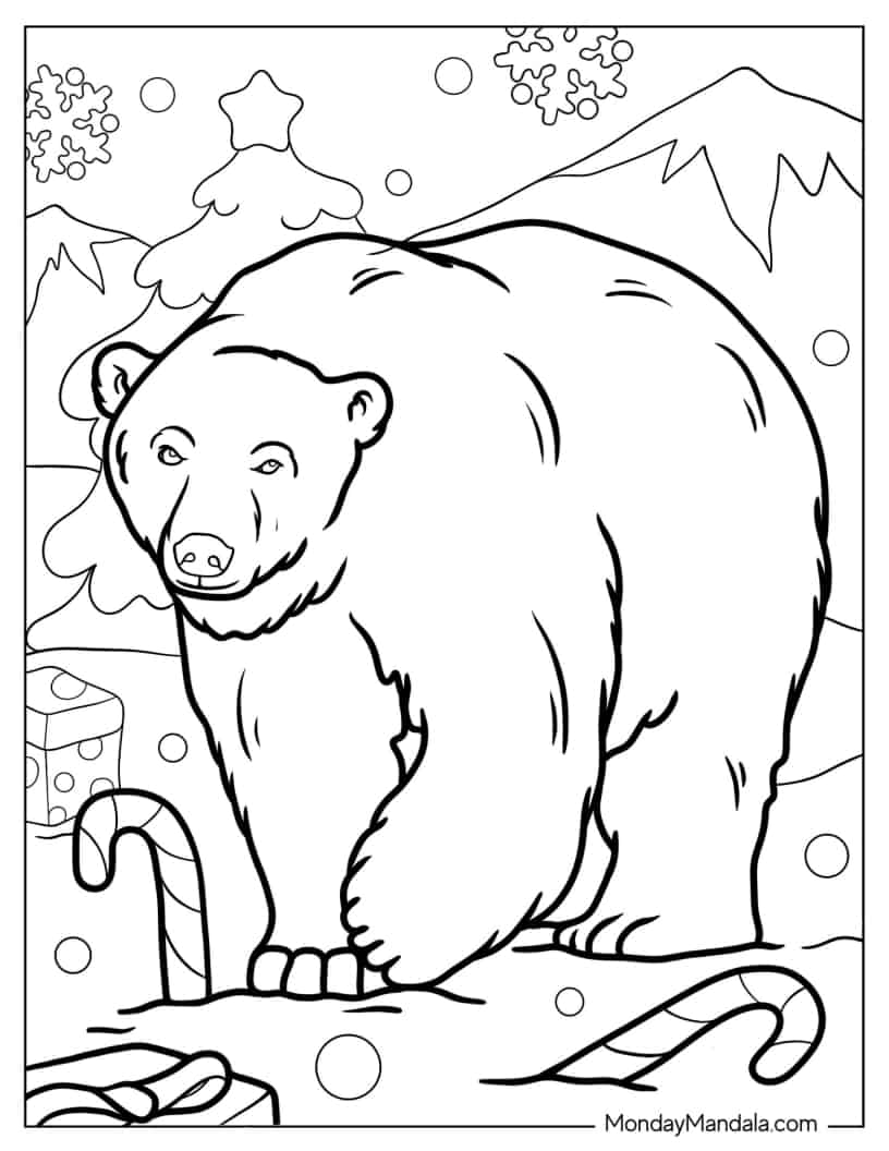 Big Polar Bear With Christmas Candy Canes Coloring In coloring page