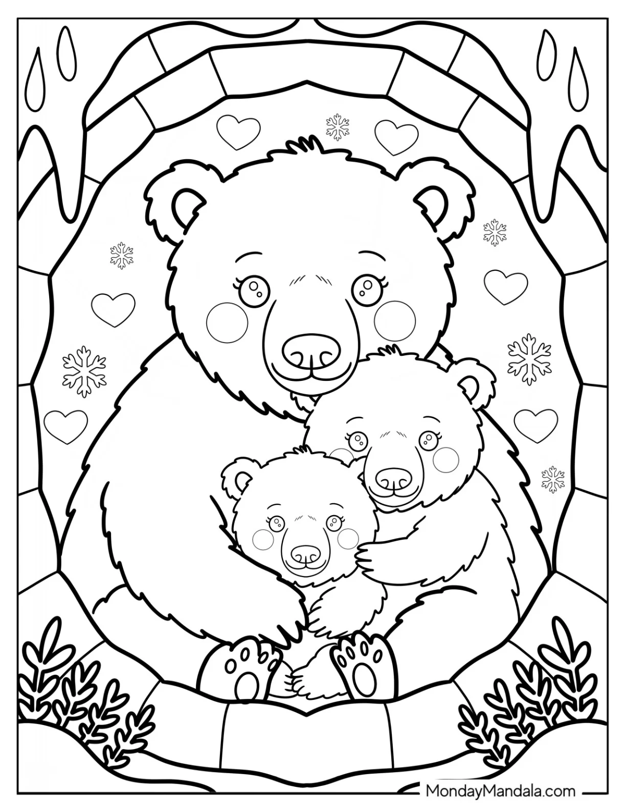 Cartoon Mother Polar Bear Coloring Page with Two Cubs in a Cave coloring page — printable line art