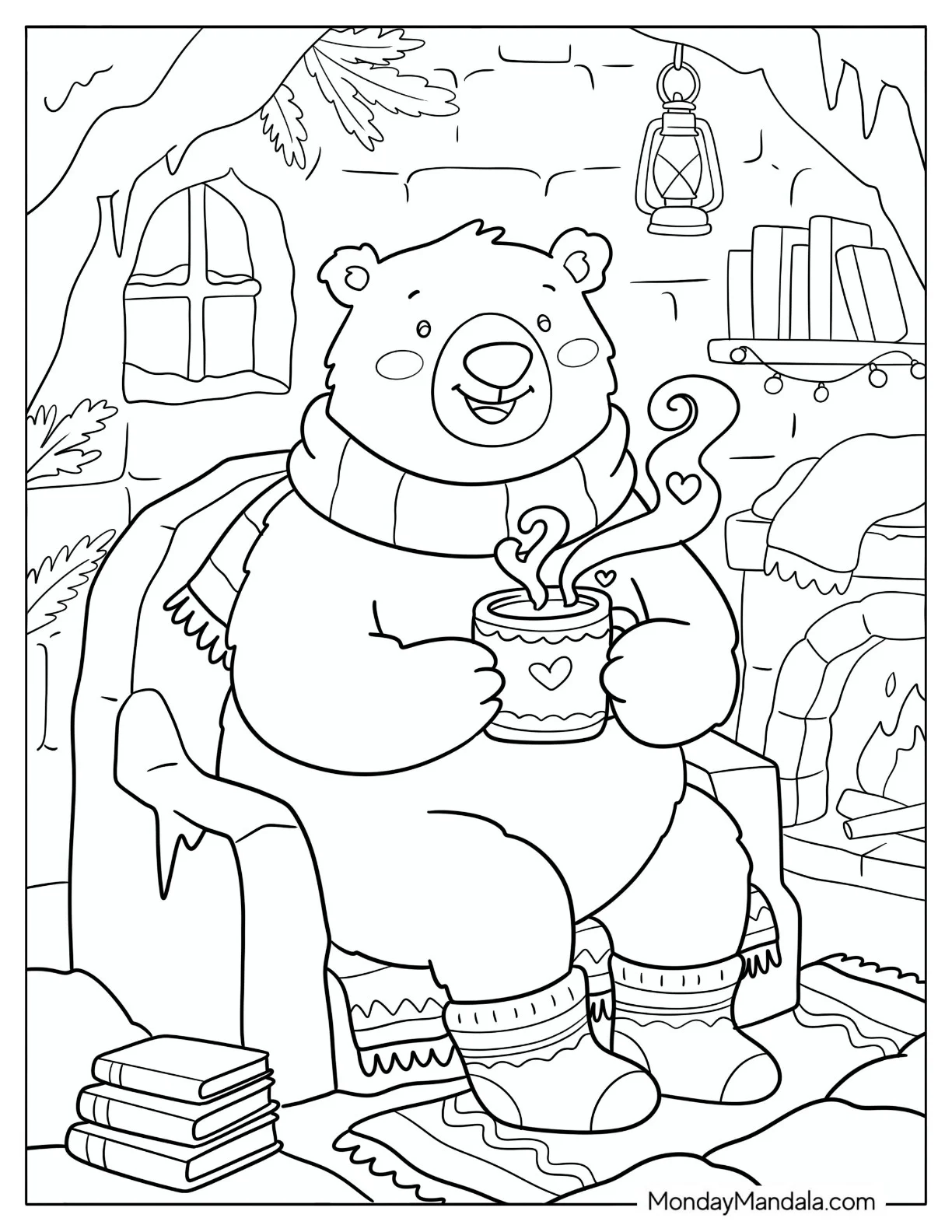 Cozy Polar Bear Holding a Steaming Mug of Coffee coloring page — printable line art