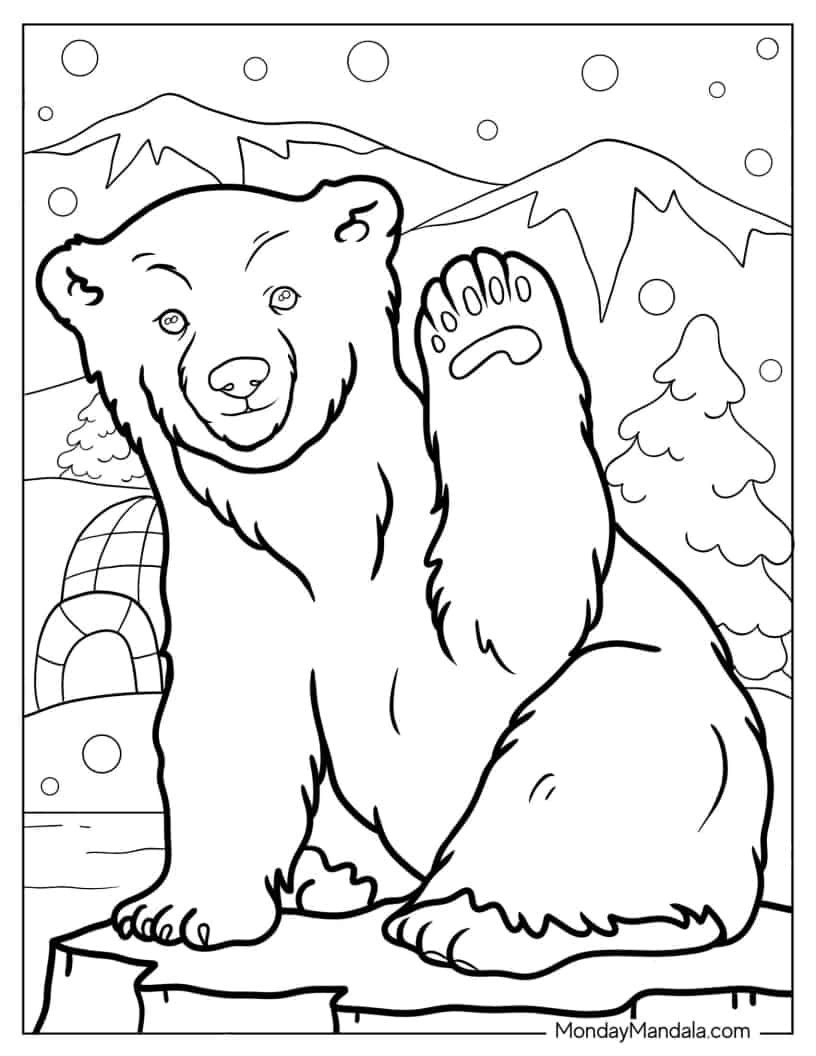 Cute Baby Polar Bear With Paw Up coloring page — printable line art