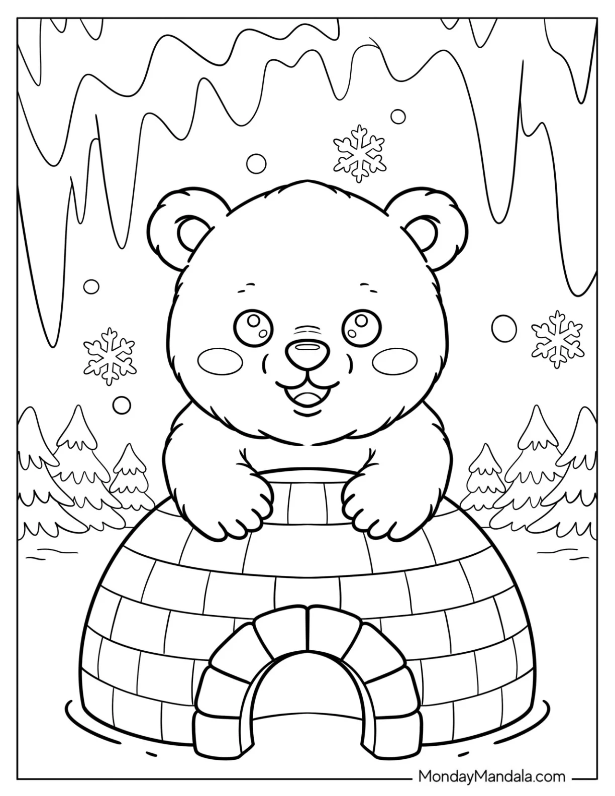 Cute Polar Bear Coloring Page Hugging a Tiny Igloo for Kids coloring page — printable line art