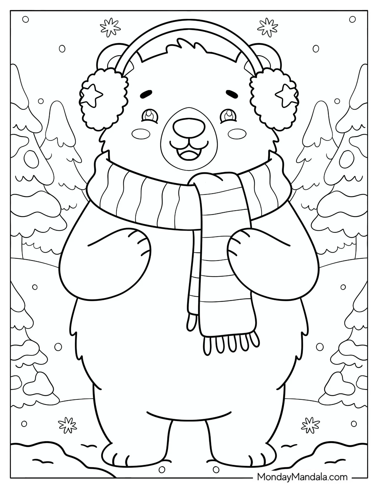 Cute Polar Bear with Ear Muffs and Striped Scarf Coloring Sheet coloring page — printable line art