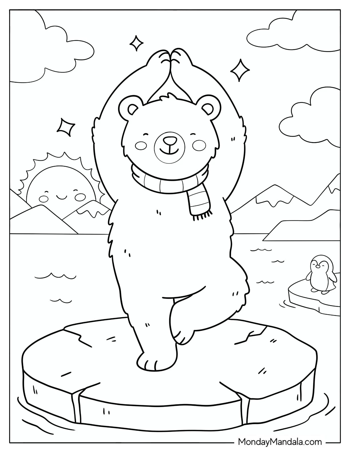 Dancing Polar Bear Balancing on Ice Coloring Sheet for Kids coloring page — printable line art