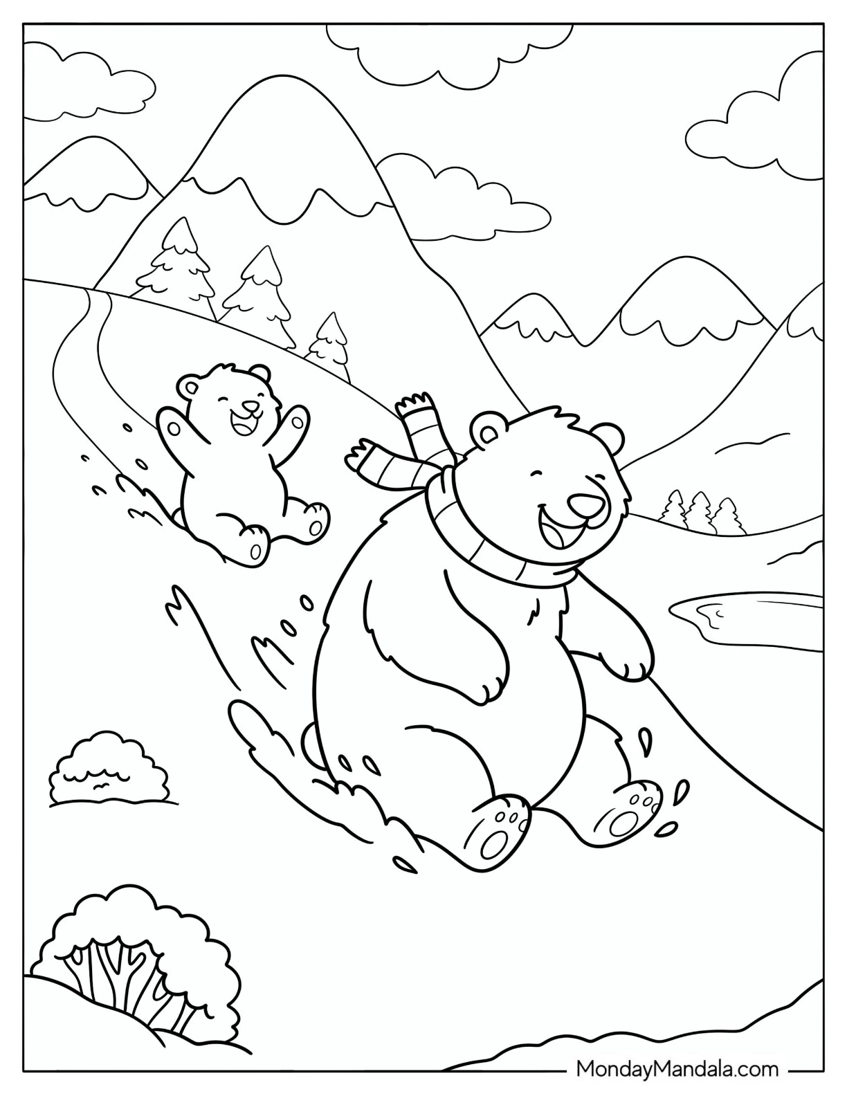 Easy Polar Bear Sliding Down a Snowy Slope with Cub Coloring Sheet for Kids coloring page — printable line art