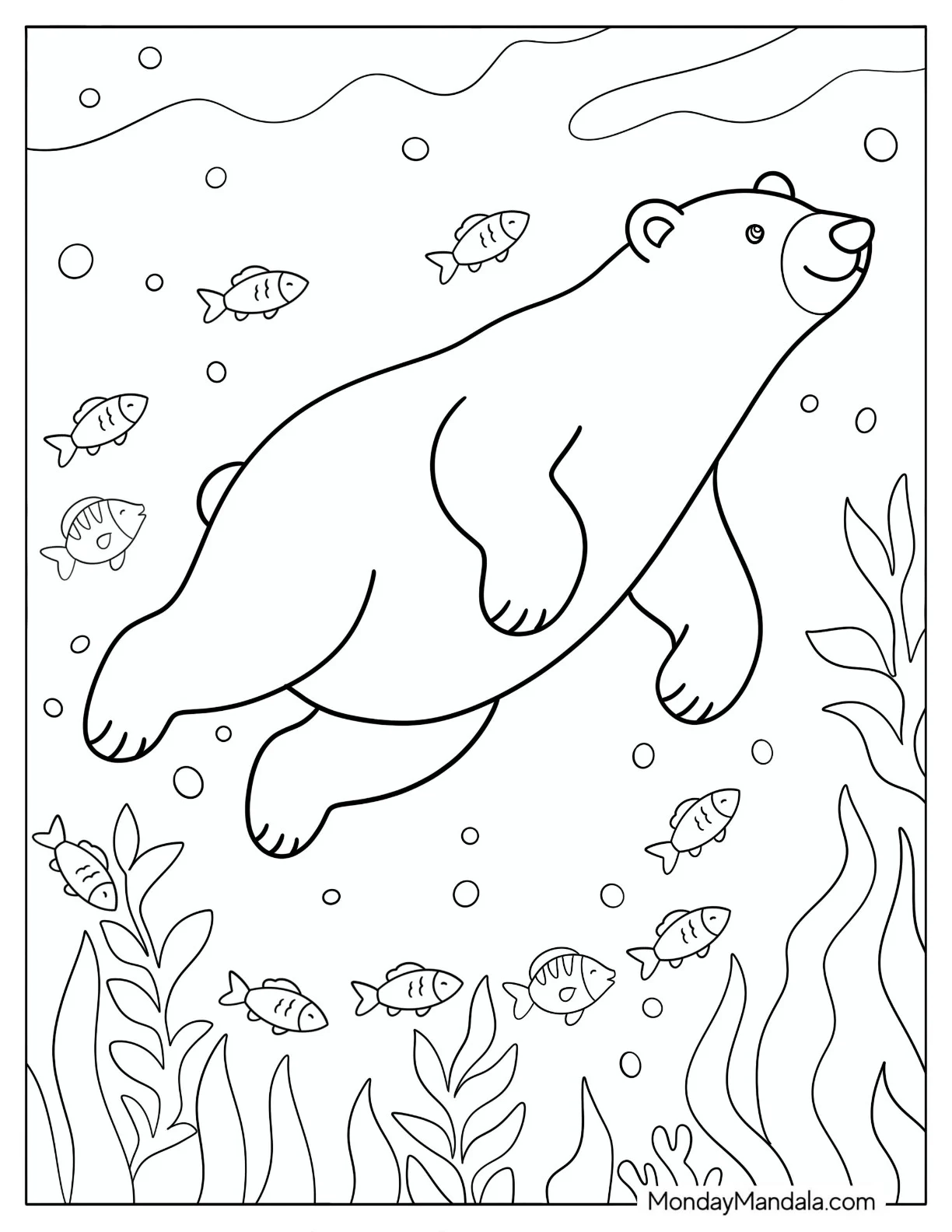 Easy Polar Bear Swimming with Fishes Coloring Page for Kids coloring page — printable line art