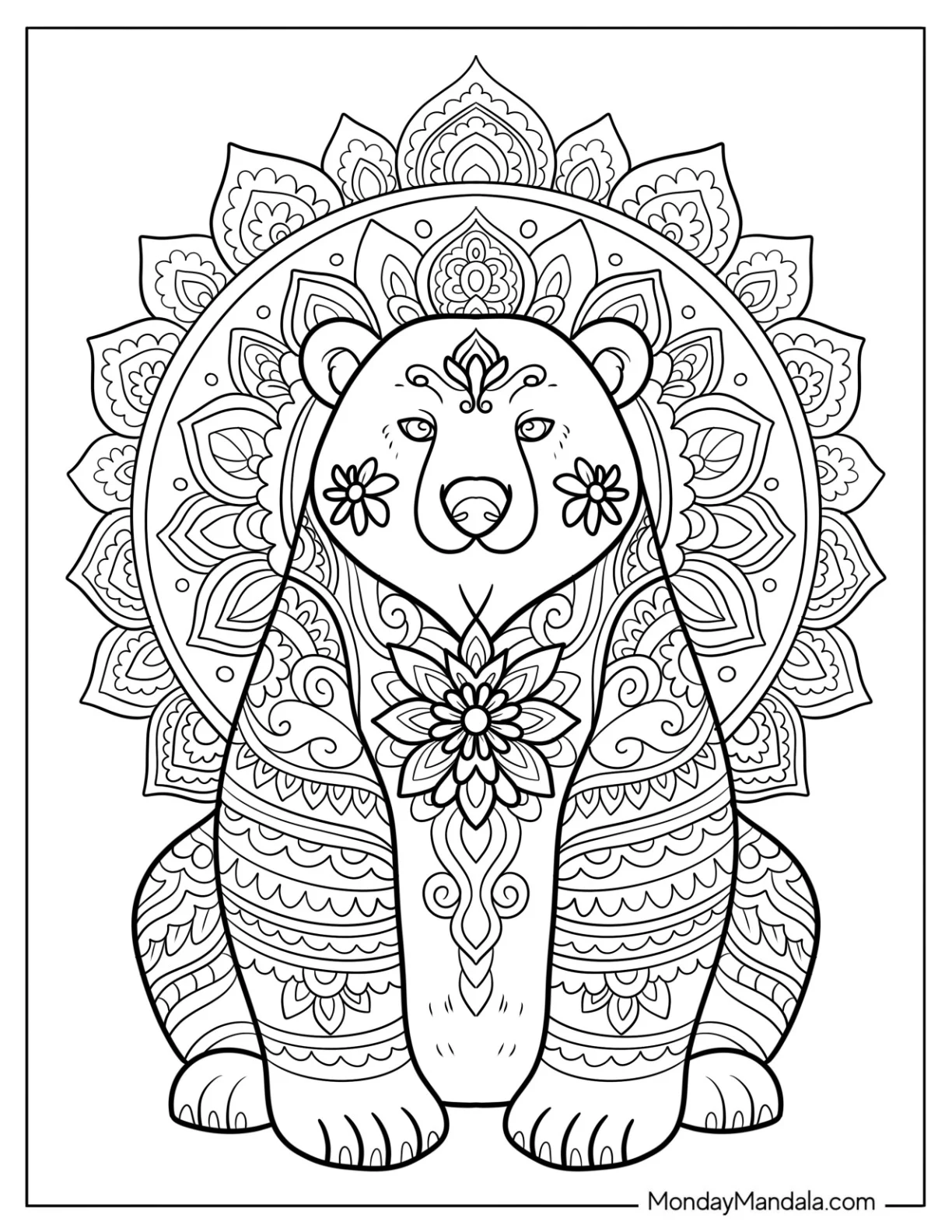 Elegant Polar Bear Coloring Page Mandala with Flower Patterns coloring page
