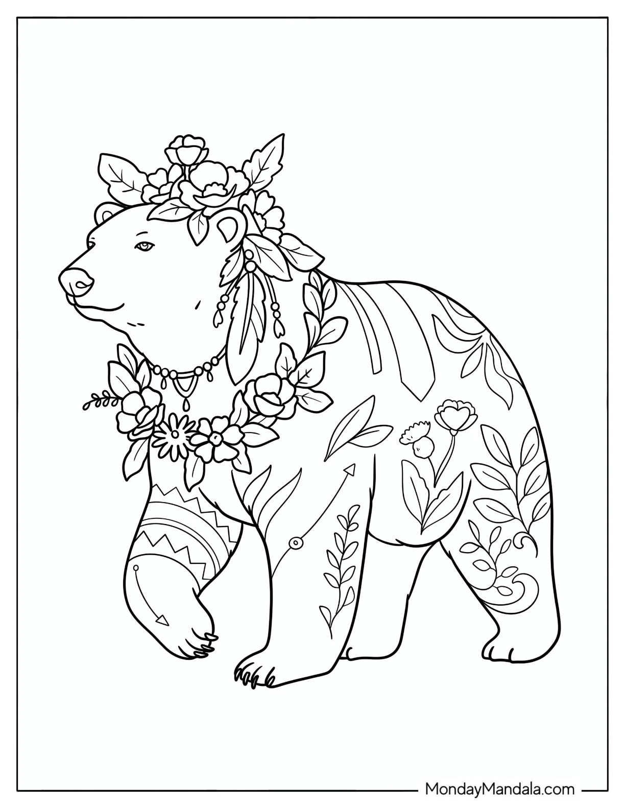 Elegant Polar Bear with Flower Crown and Nature Patterns Coloring Page coloring page