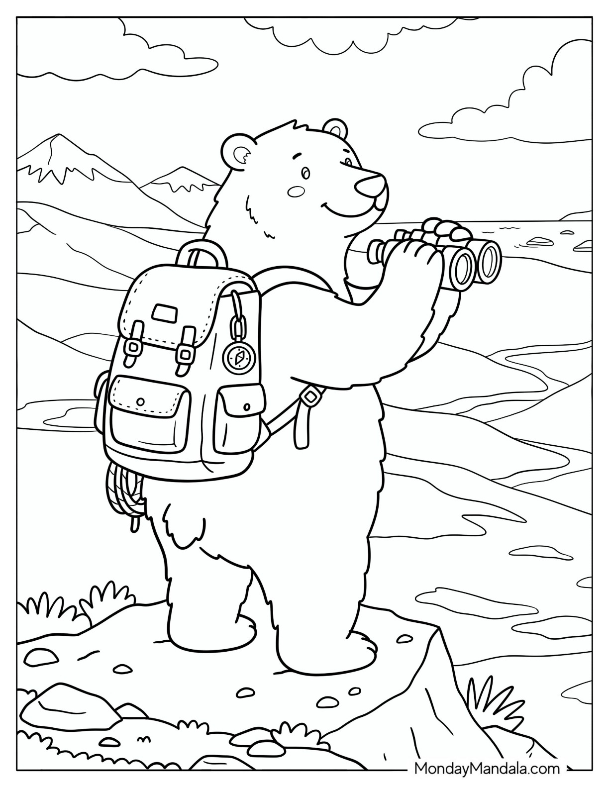 Explorer Polar Bear Using Binoculars Coloring Sheet coloring page — printable line art