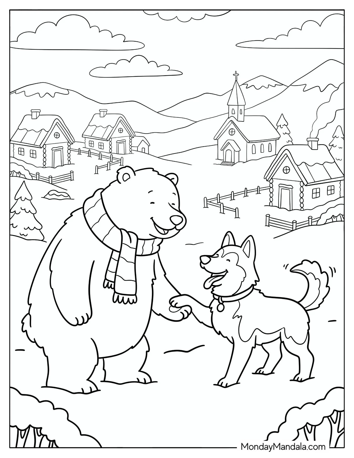 Friendly Polar Bear Shaking the Paws of a Dog Coloring Sheet coloring page