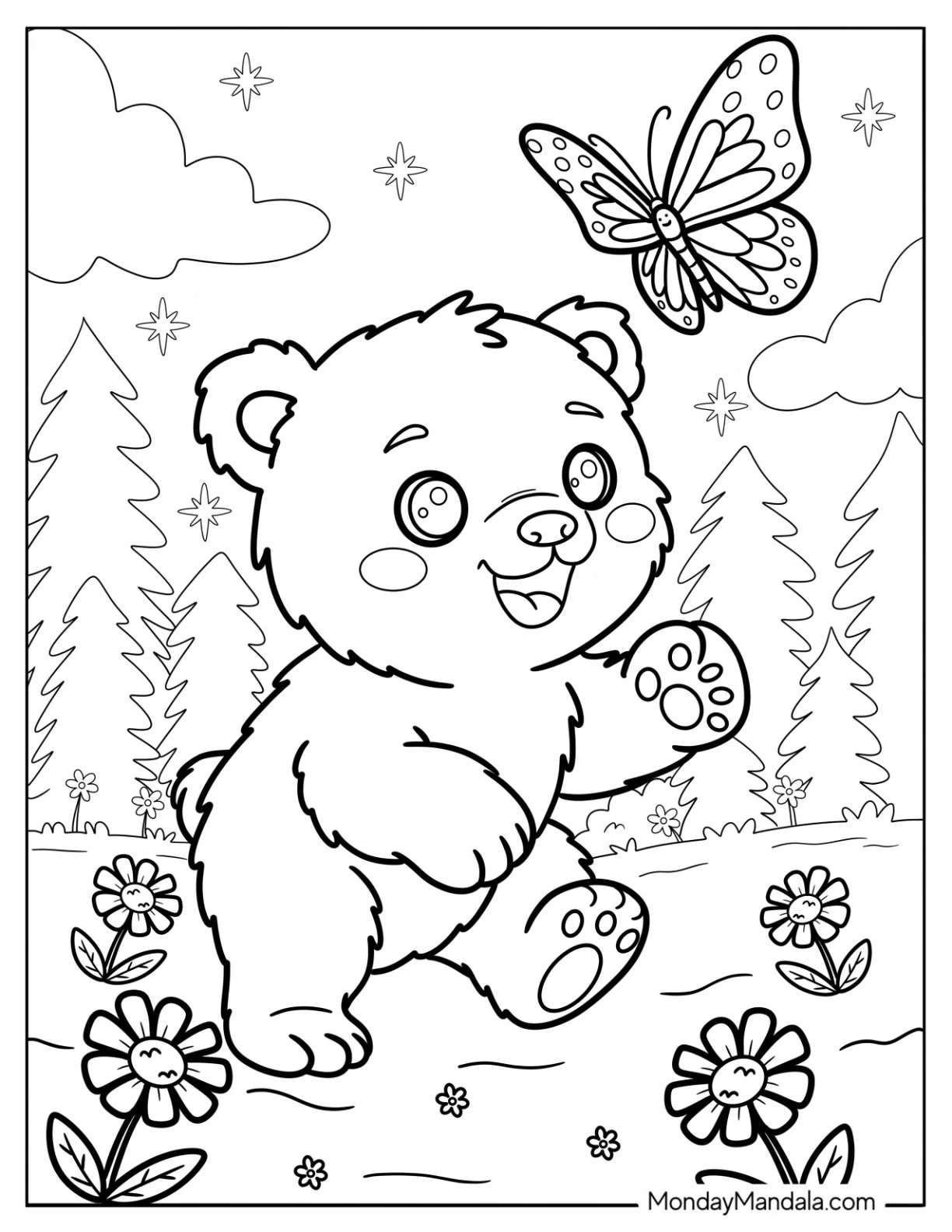 Furry Polar Bear Coloring Page Chasing a Butterfly coloring page