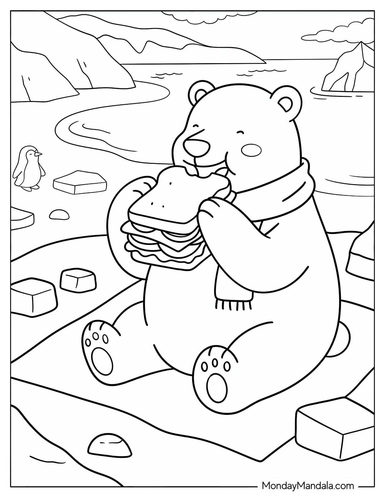 Hungry Polar Bear Eating a Huge Sandwich Coloring Sheet coloring page — printable line art