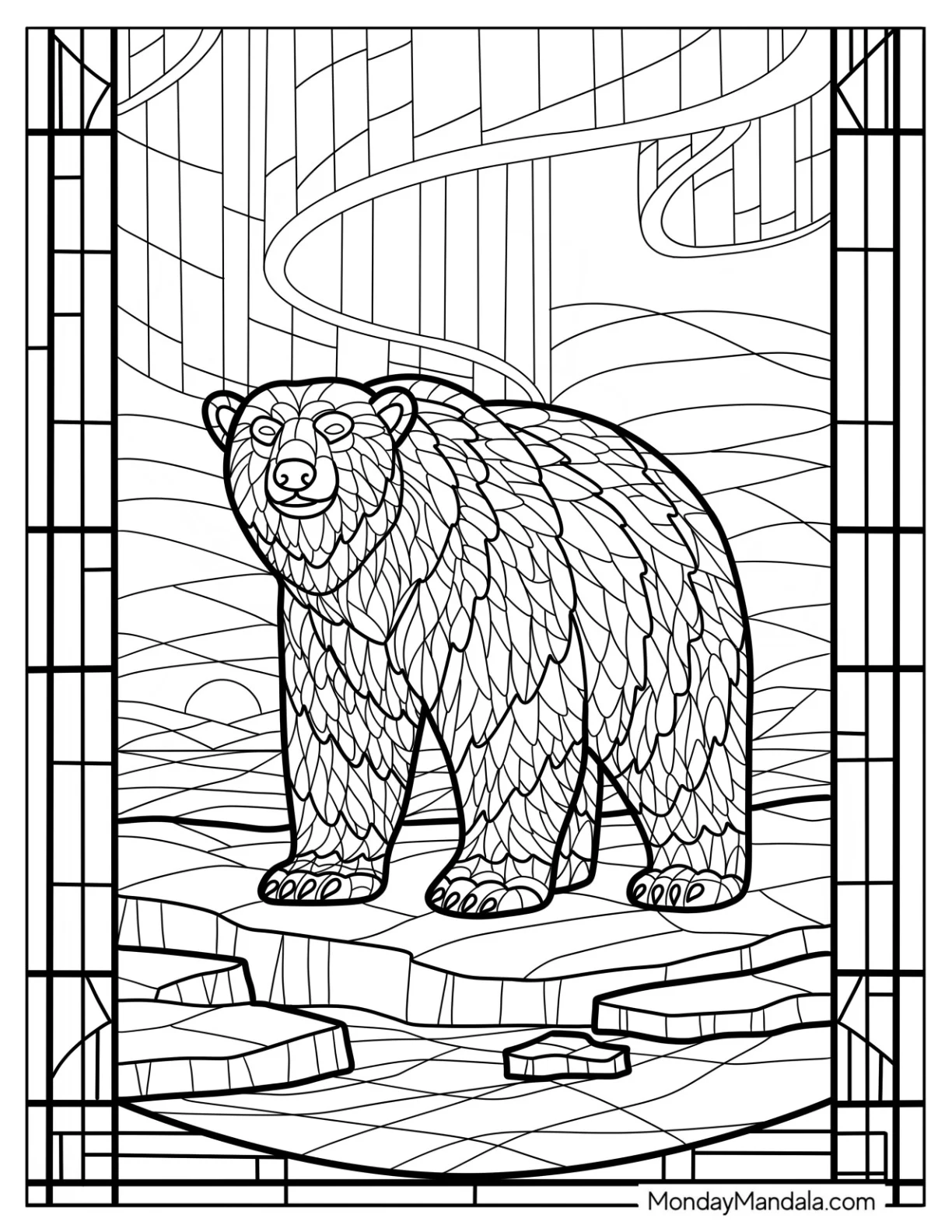 Intricate Polar Bear Coloring Page Standing on Ice Stained Glass coloring page