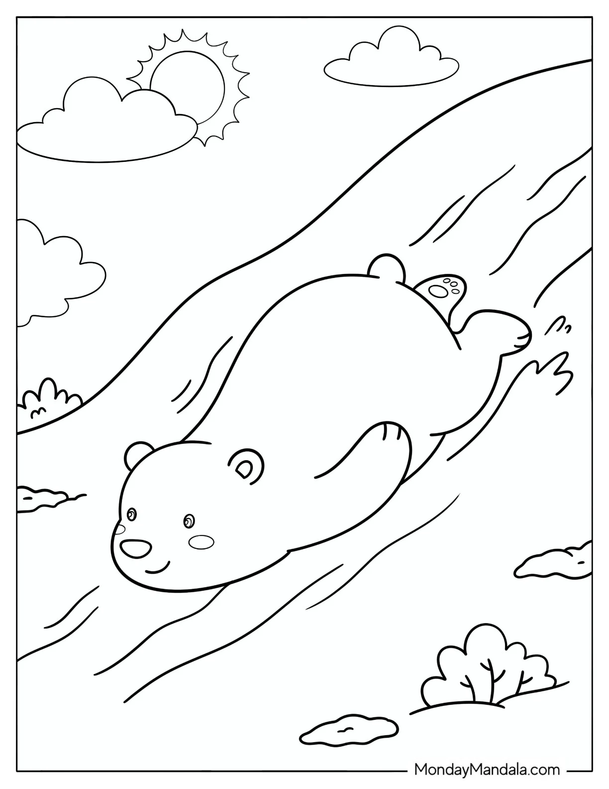 Kawaii Polar Bear Cub Sliding Down a Snowy Slope Coloring Sheet for Preschoolers coloring page