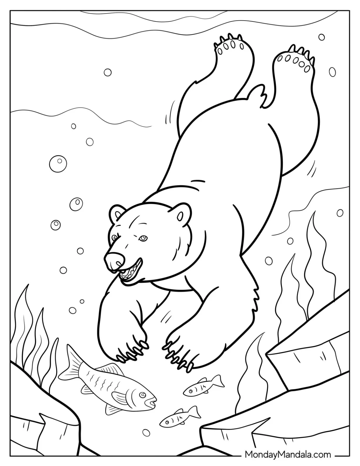 Large Polar Bear Coloring Page Diving Underwater for Fish coloring page