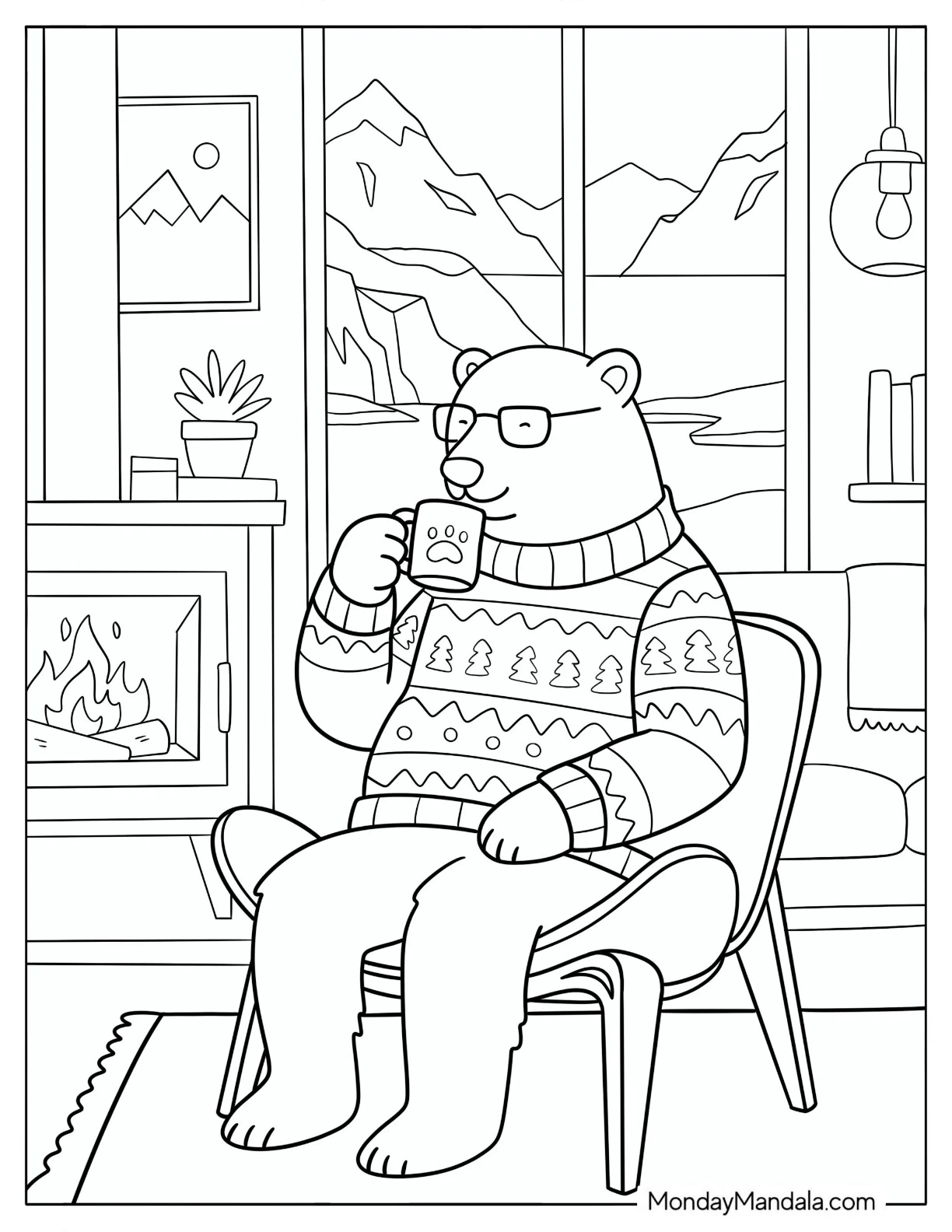 Nerdy Polar Bear in a Christmas Sweater Drinking Tea coloring page — printable line art