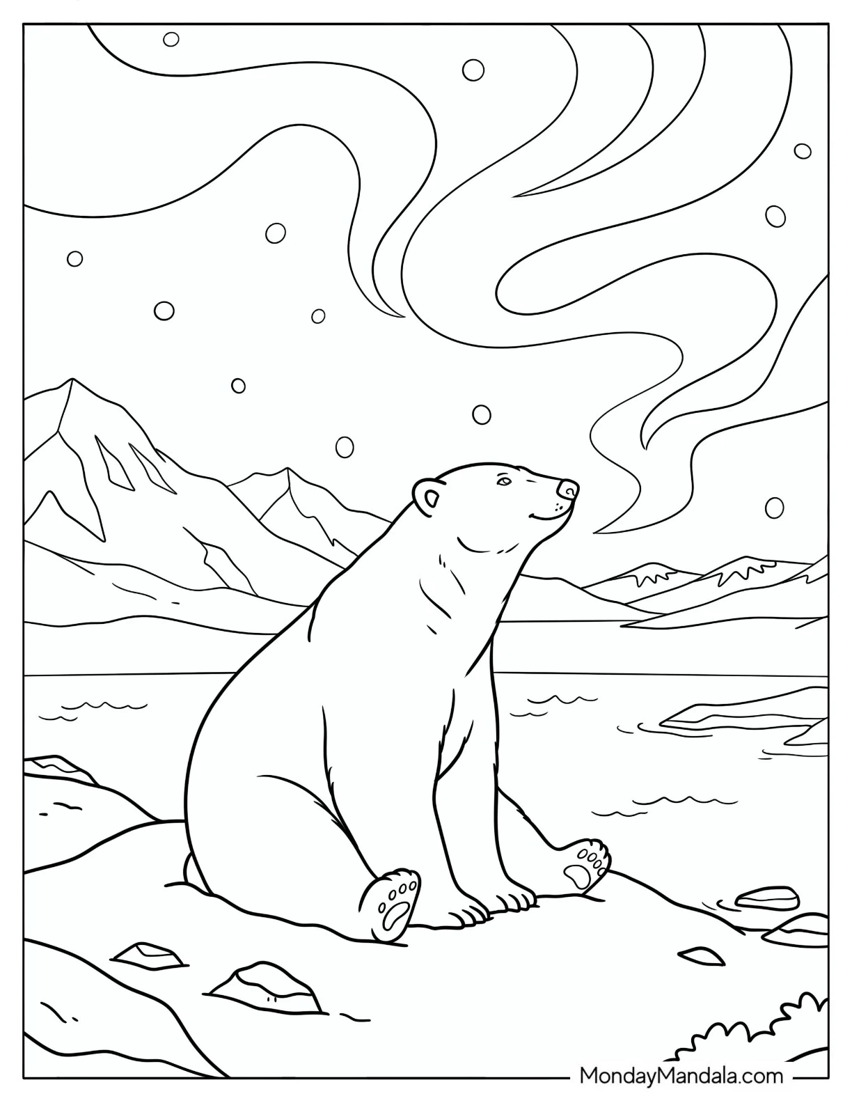 Peaceful Polar Bear Watching the Aurora Borealis coloring page