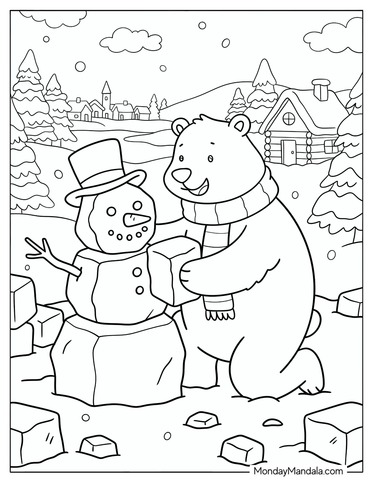 Playful Polar Bear Making a Snowman Coloring Page coloring page — printable line art
