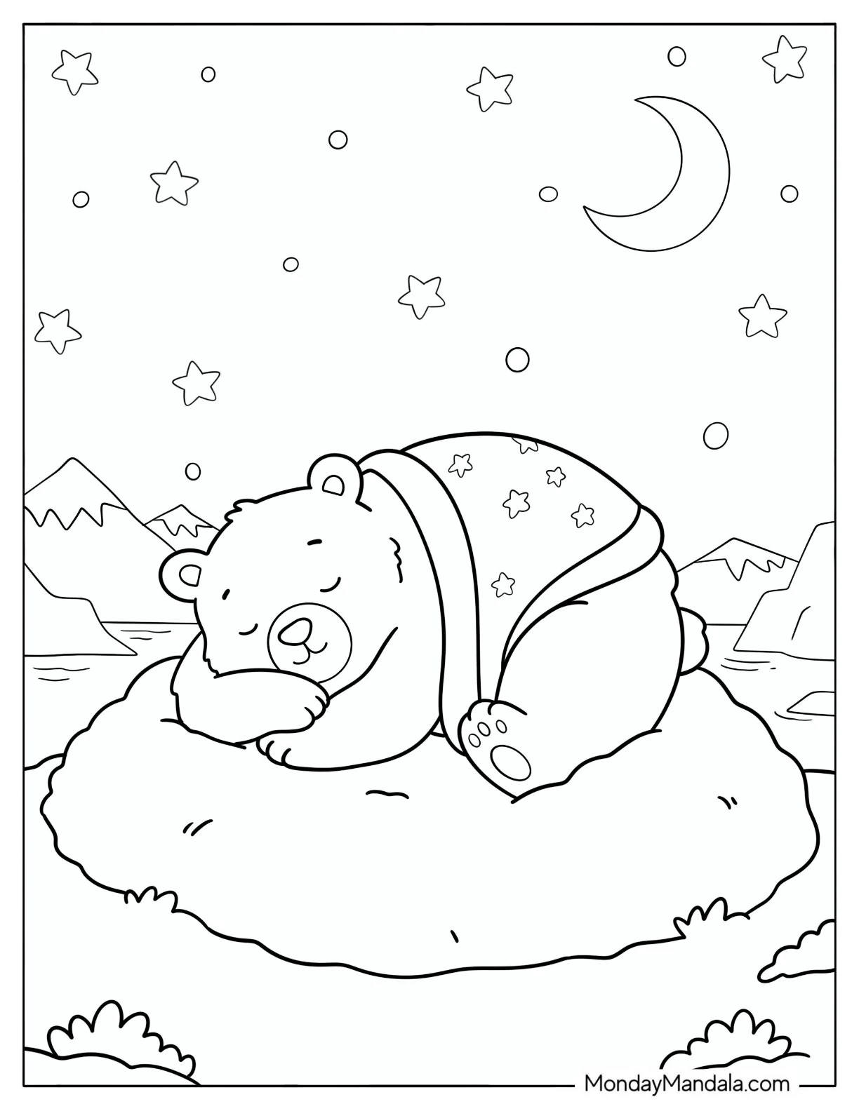 Polar Bear Cub Sleeping on a Rock Coloring Page coloring page — printable line art