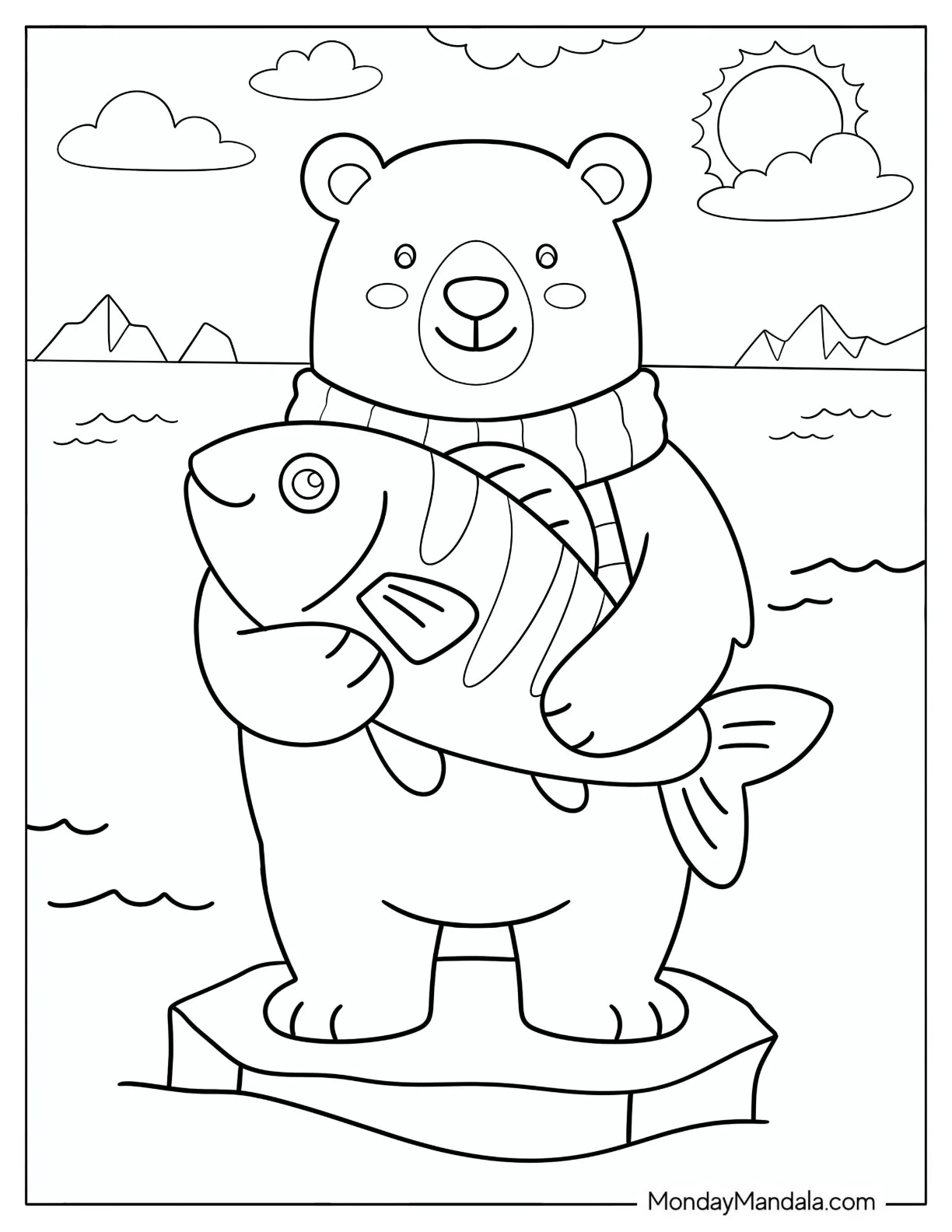 Polar Bear Holding a Massive Fish in the Arctic Coloring Page coloring page