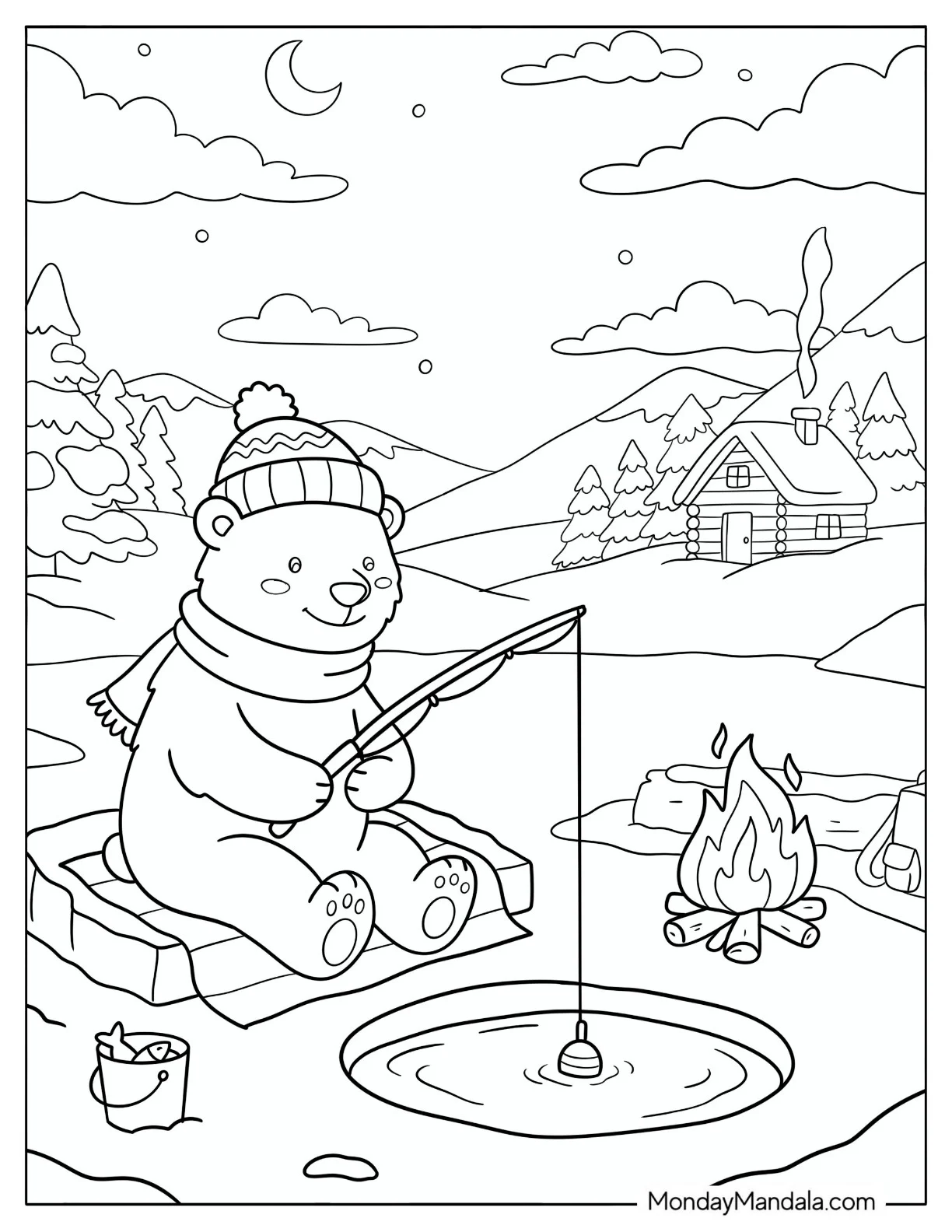Polar Bear Ice Fishing Next to a Cabin Coloring Page for Kids coloring page