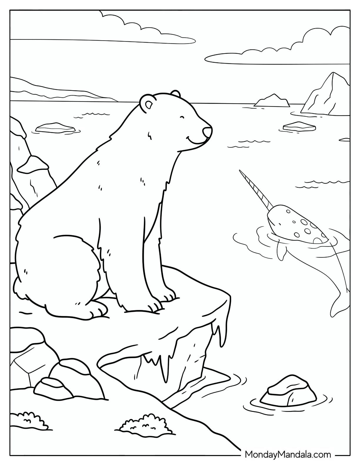Polar Bear on Ice Smiling at a Narwhal coloring page