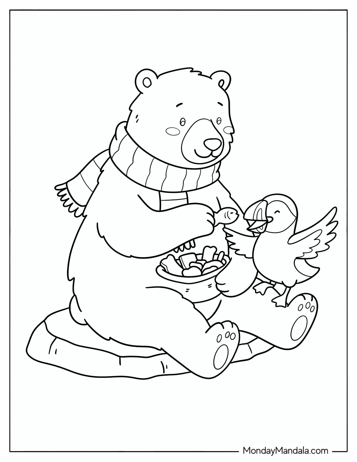 Polar Bear with a Scarf Sharing Snacks with a Bird Coloring Page for Kids coloring page