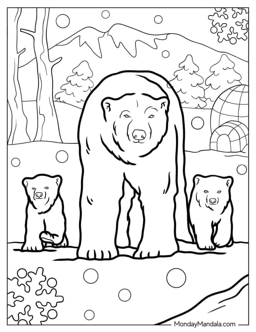 Polar Bear With Cubs On Snowy Day coloring page
