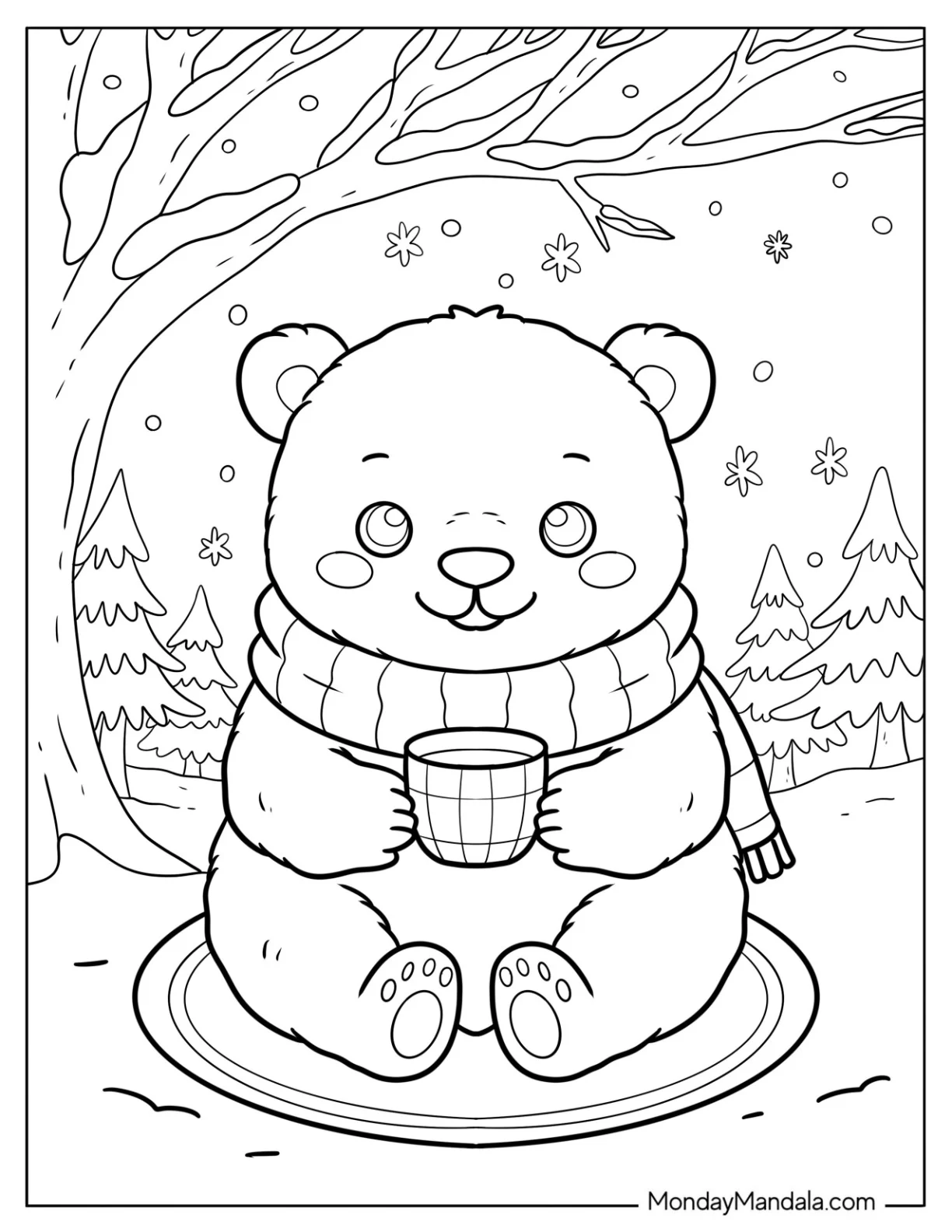 Pretty Polar Bear Coloring Page Cub with Scarf Holding a Teacup coloring page
