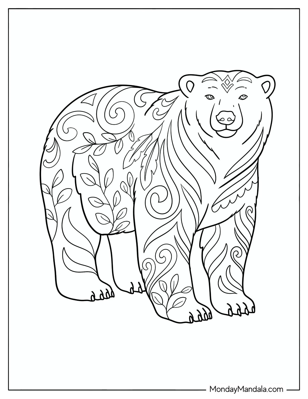 Pretty Polar Bear with Nature Patterns Coloring Page coloring page — printable line art