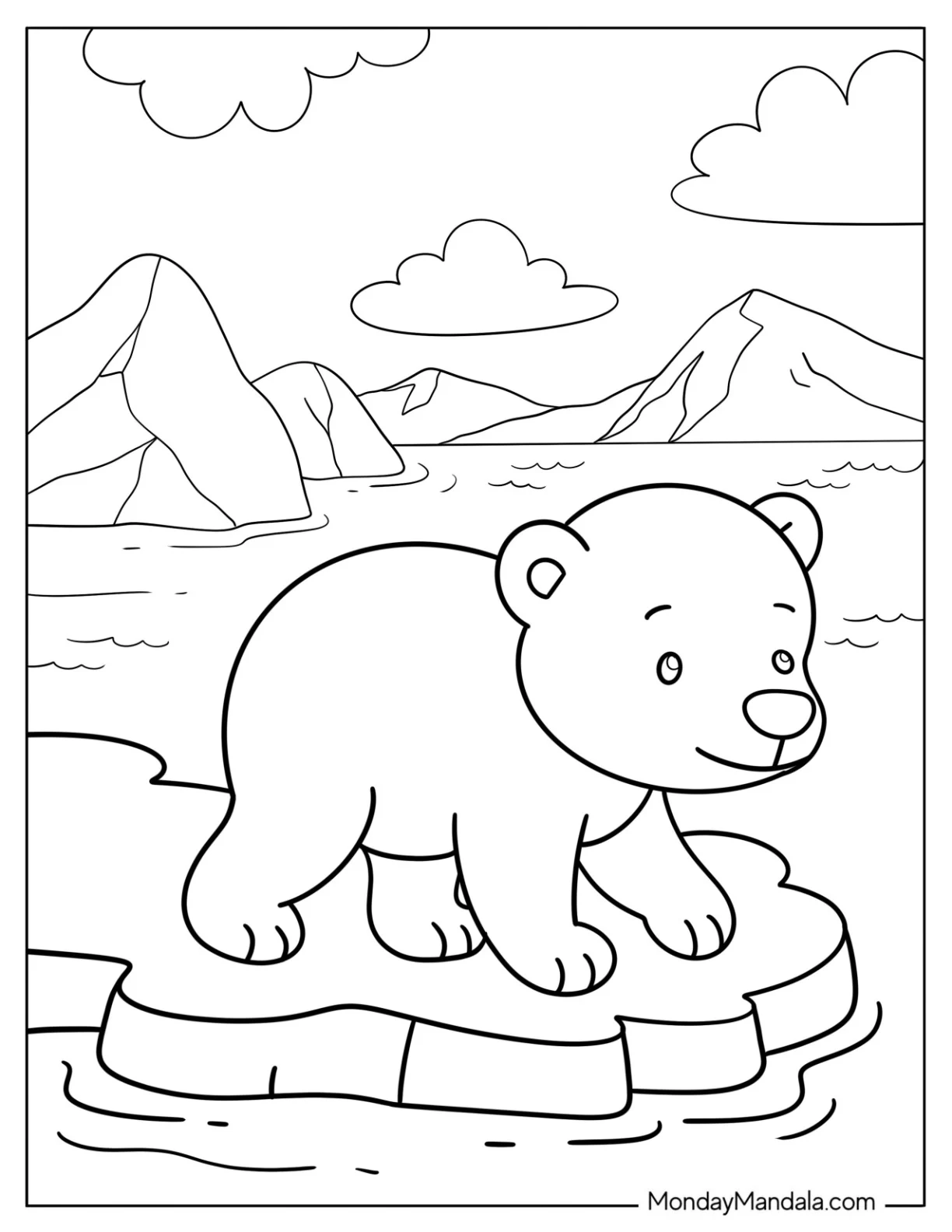 Simple Polar Bear Coloring Page on Floating Ice for Preschoolers coloring page — printable line art