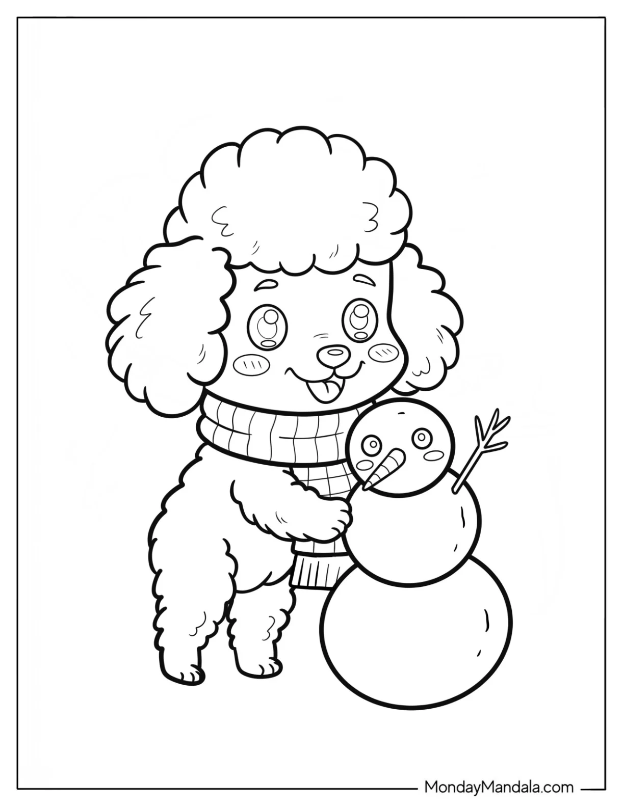 Adorable Little Poodle Coloring Page Making a Snowman for Preschoolers coloring page