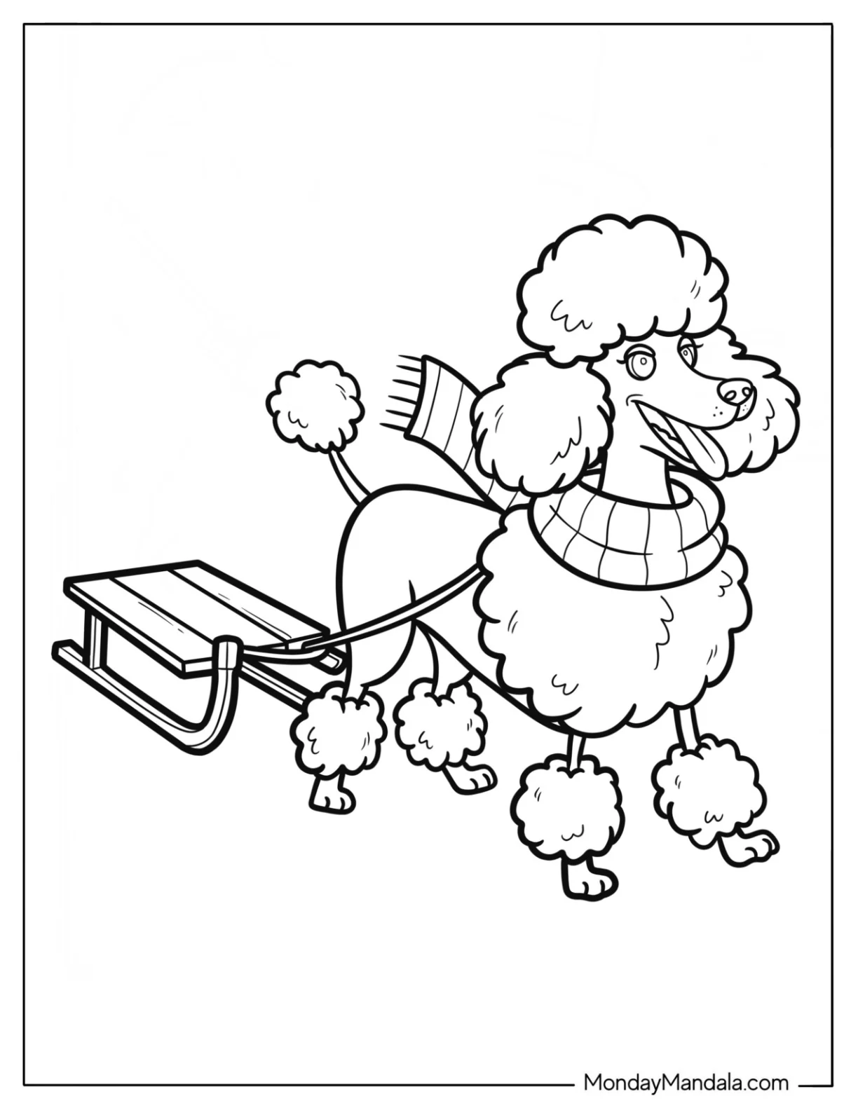 Adventurous Poodle Coloring Page in Cozy Winter Gear Towing Sleigh coloring page