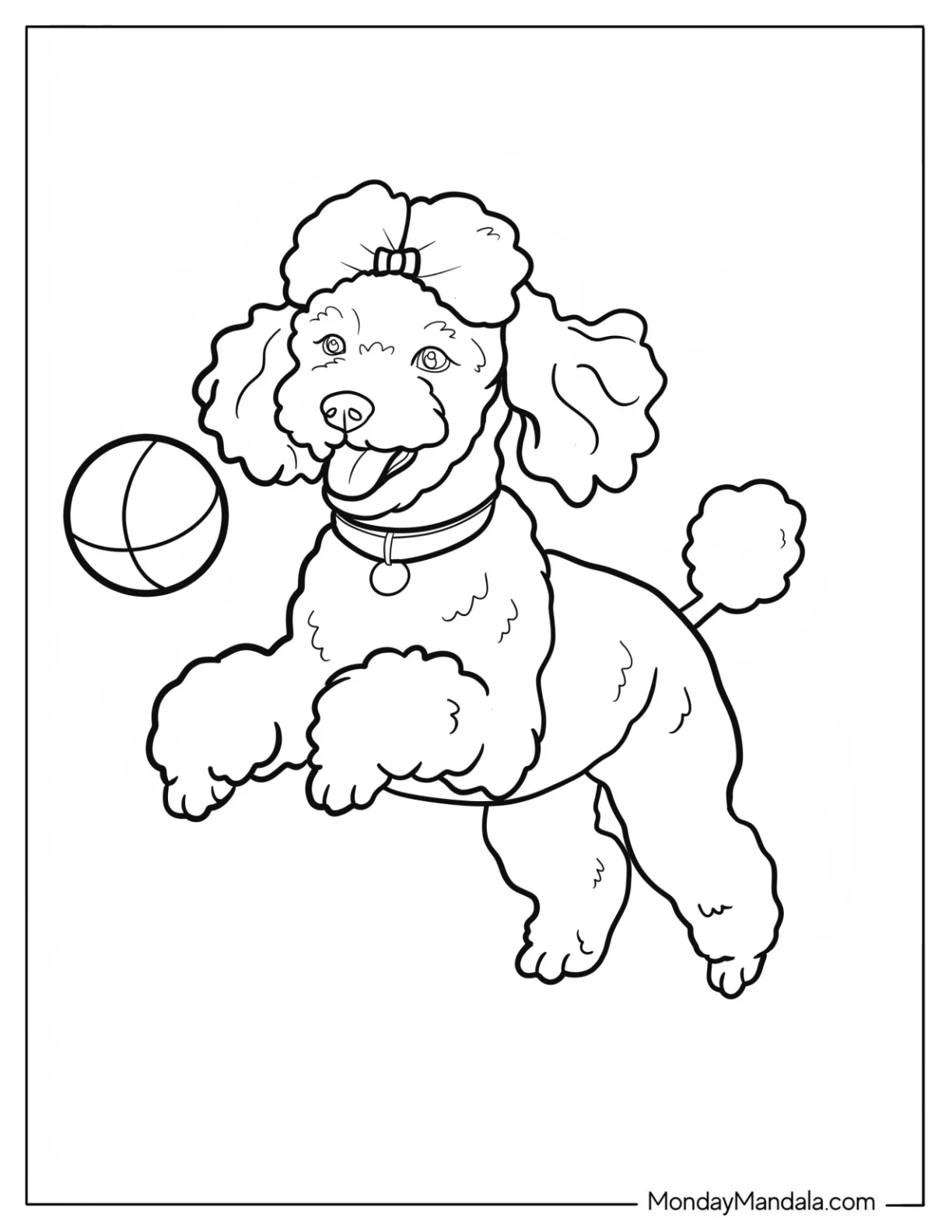 Bouncy Poodle Coloring Page Chasing Toy Ball for Kids coloring page