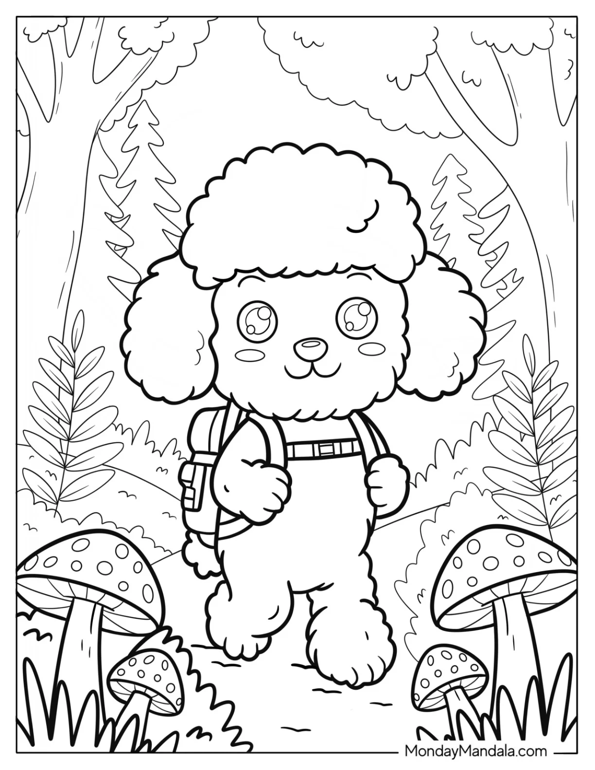 Chibi Poodle Coloring Page with Backpack on a Woodland Trail coloring page