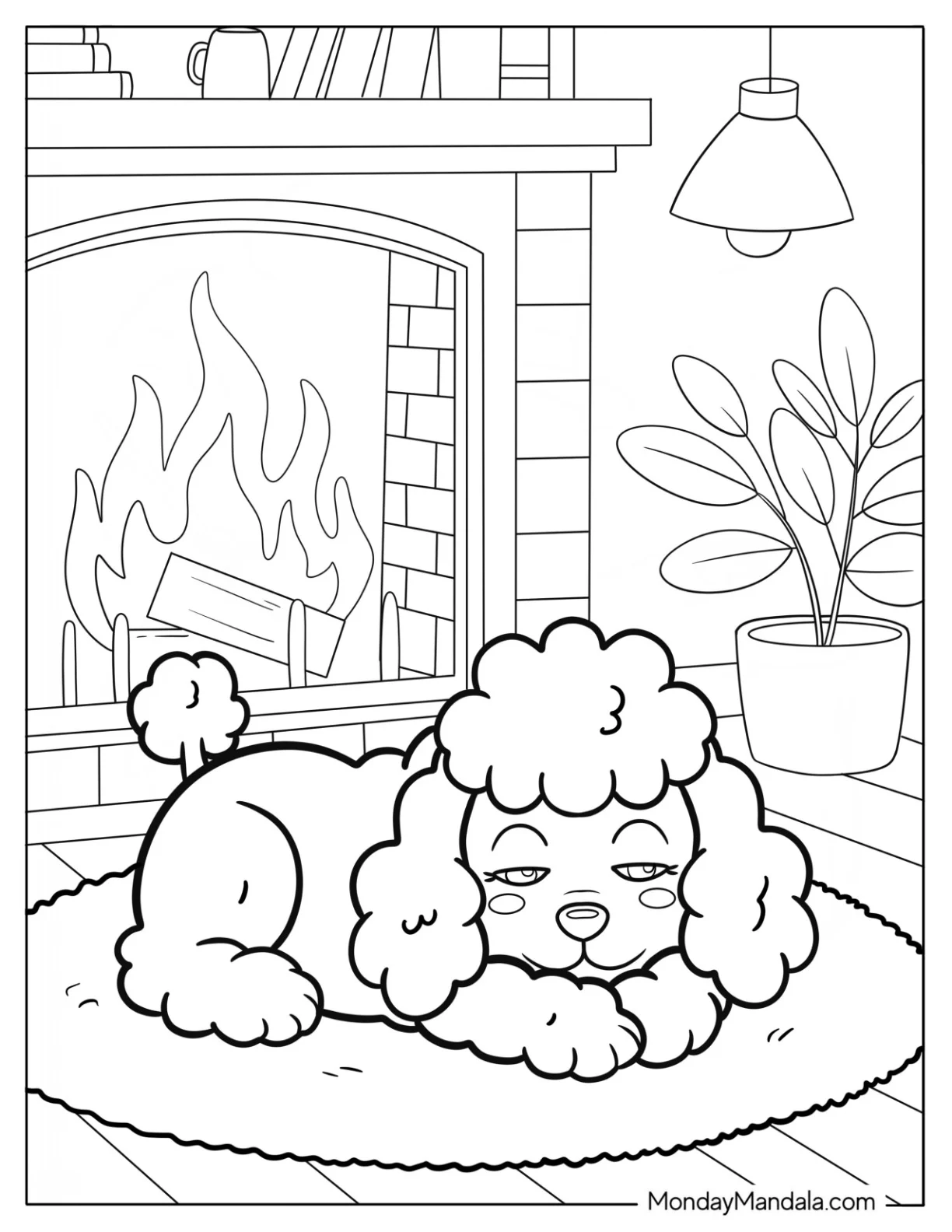 Cozy Poodle Coloring Page Napping by Fireplace on Fuzzy Rug for Kids coloring page