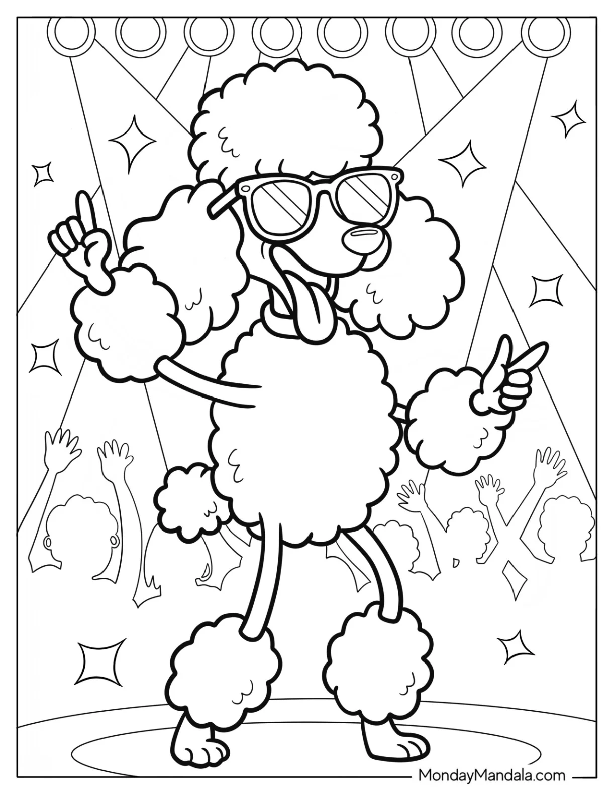 Dancing Poodle Coloring Page at a Disco Party for Kids coloring page — printable line art