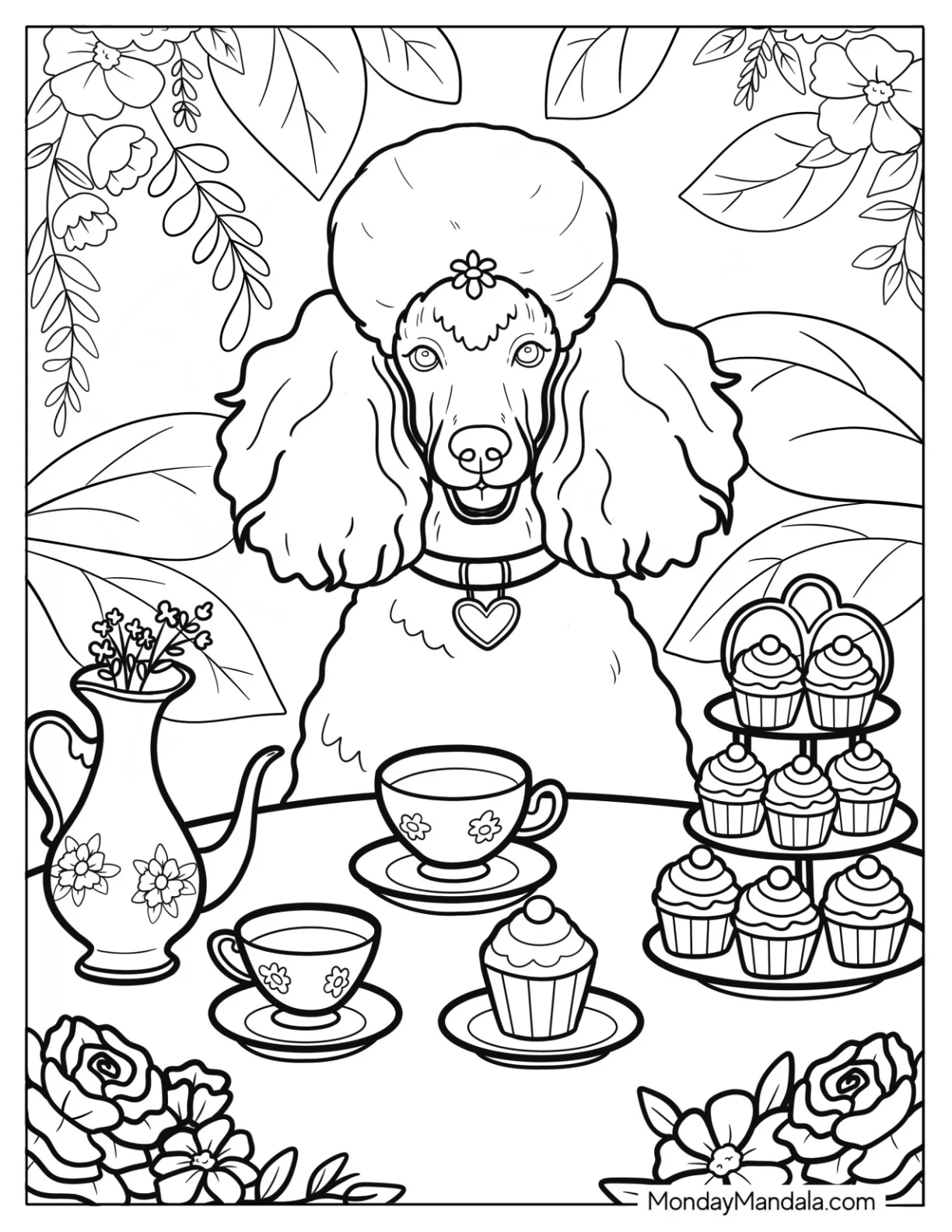 Fancy Poodle Coloring Page at Garden Tea Party with Cupcakes and Floral Decor coloring page