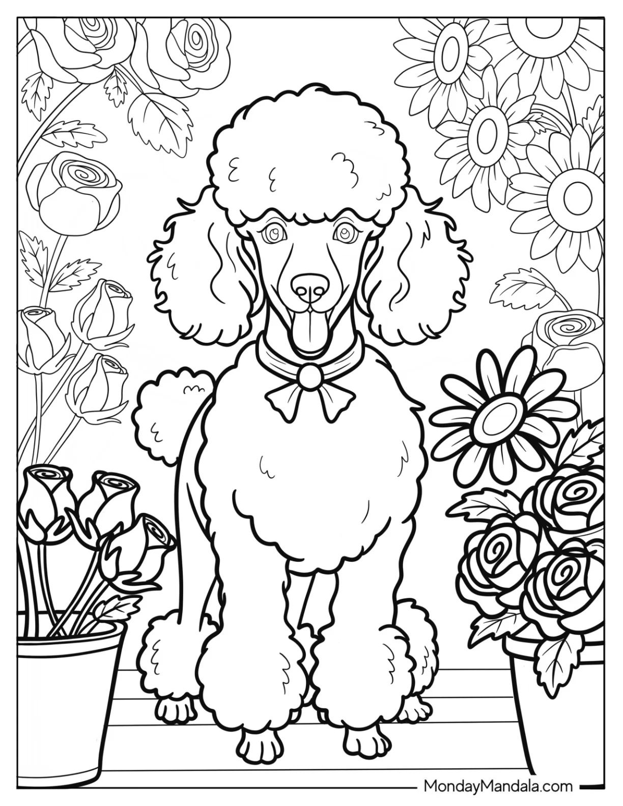 Fluffy Poodle Coloring Page Surrounded by Garden Flowers on Porch Steps coloring page — printable line art