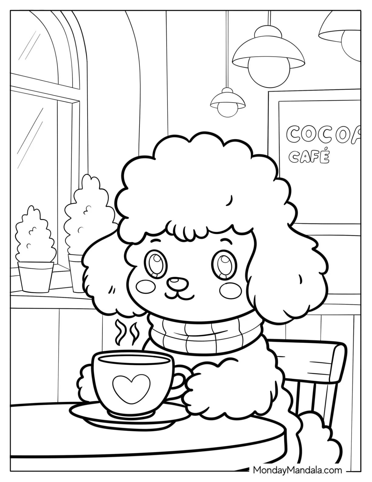 Furry Poodle Coloring Page with Scarf Drinking Coffee in a Cozy Café for Kids coloring page — printable line art