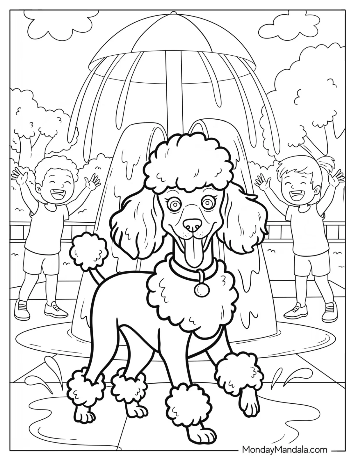 Happy Poodle Coloring Page at Splash Pad with Kids and Water Fountain coloring page — printable line art