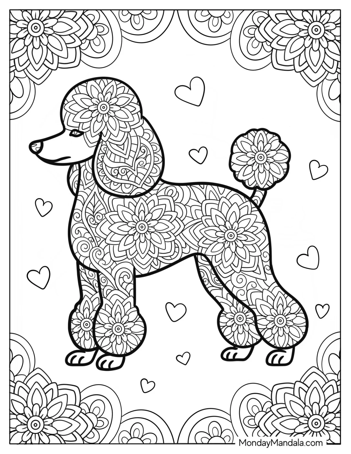 Intricate Mandala Poodle Coloring Page with Floral Patterns and Hearts coloring page — printable line art